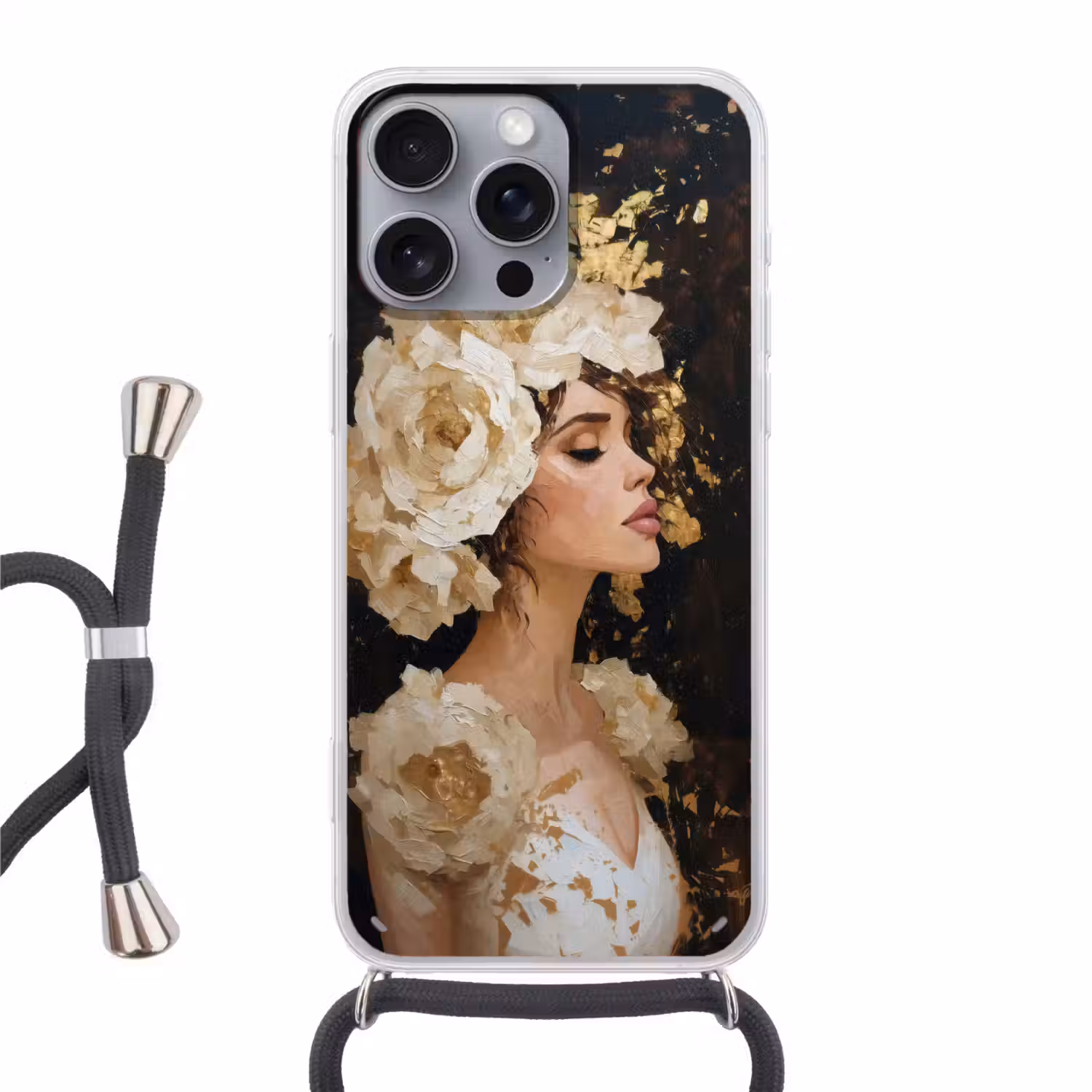 Abstract - Vrouw - Bloemen - Wit Hoesje iPhone 16 Pro Max met koord klein -3d