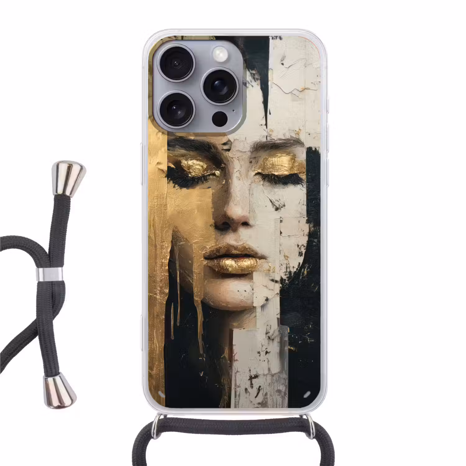 Abstract - Goud - Gezicht - Lippen Hoesje iPhone 16 Pro Max met koord klein -3d
