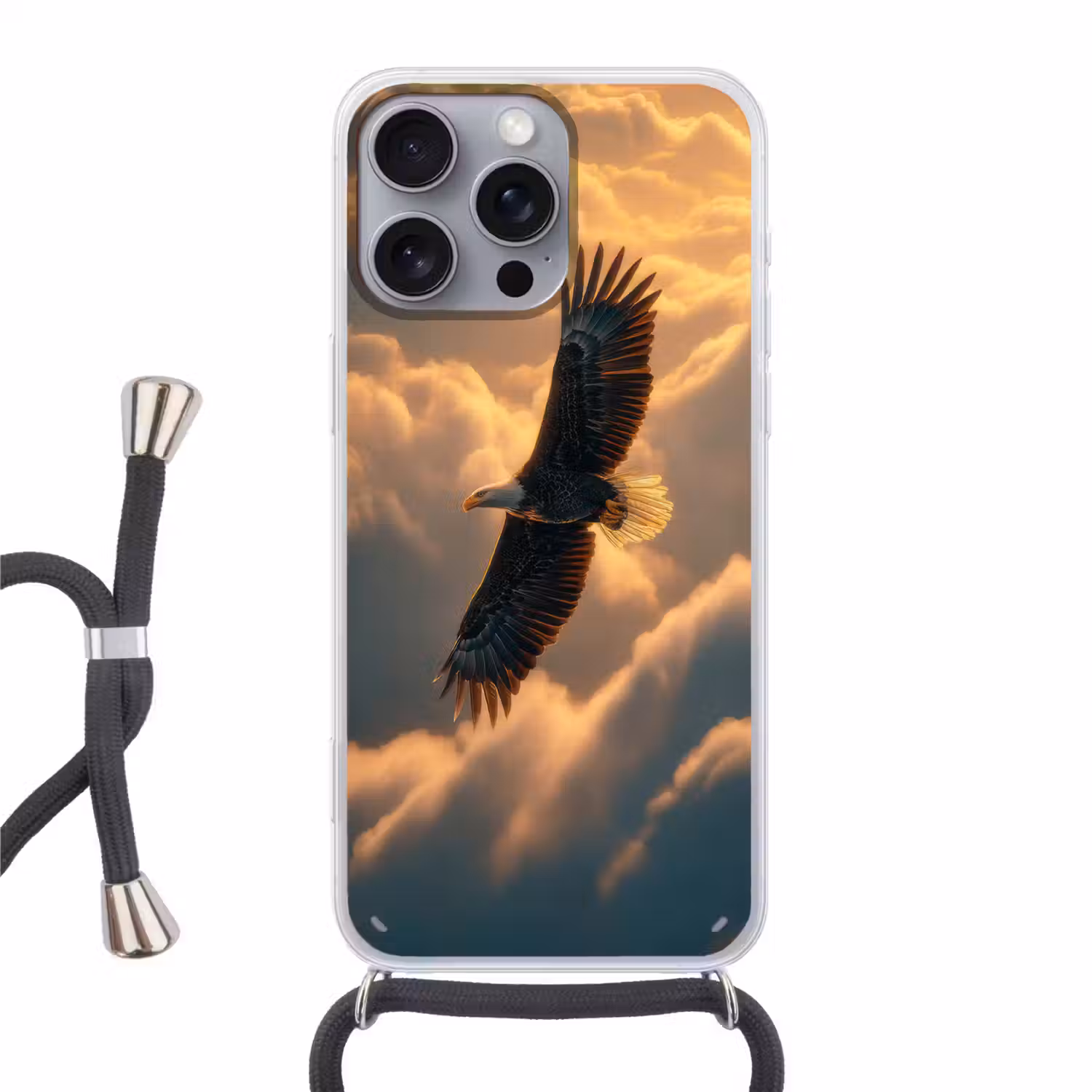 Adelaar - Wolken - Zon Hoesje iPhone 16 Pro Max met koord klein -3d