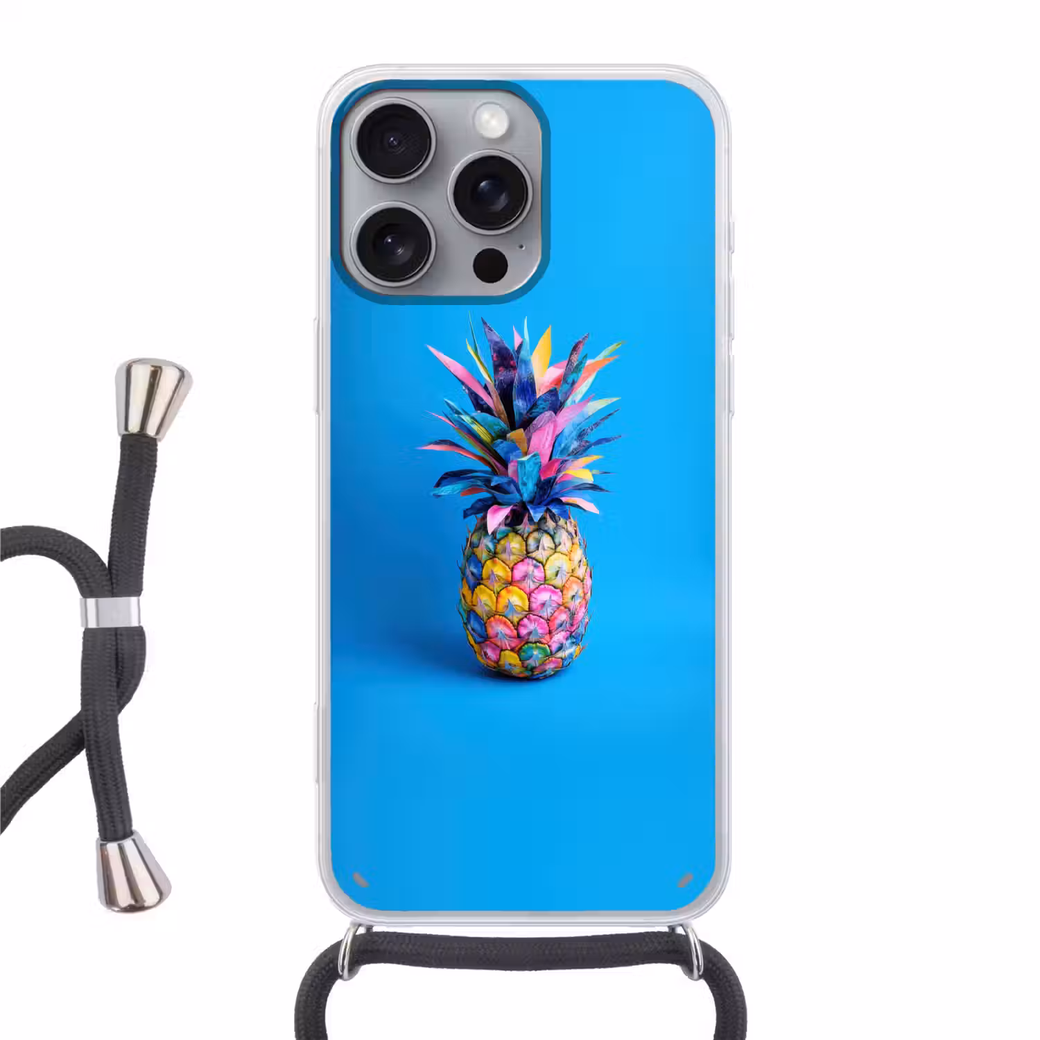 Ananas - Blauw - Tropisch - Vrolijk Hoesje iPhone 16 Pro Max met koord klein -3d