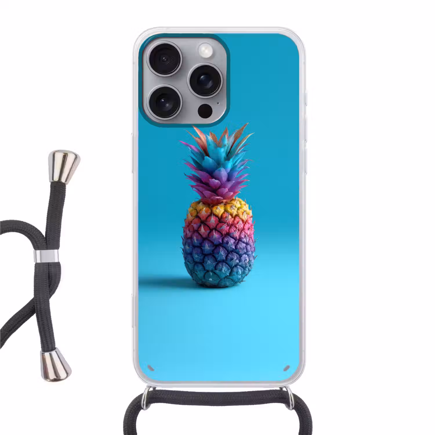 Ananas - Regenboog - Blauw - Popart Hoesje iPhone 16 Pro Max met koord klein -3d