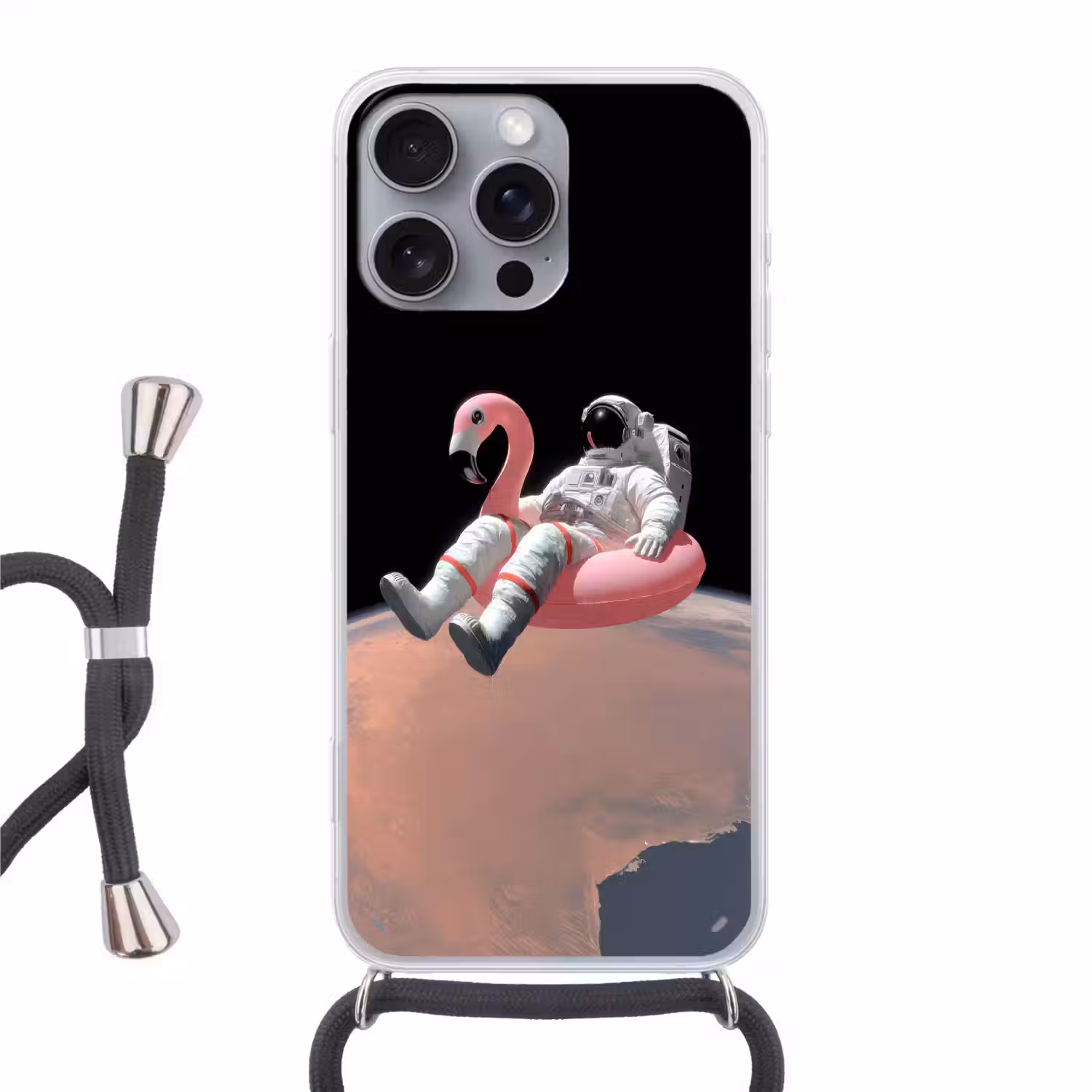 Astronaut - Flamingo - Zwemband - Roze Hoesje iPhone 16 Pro Max met koord klein -3d