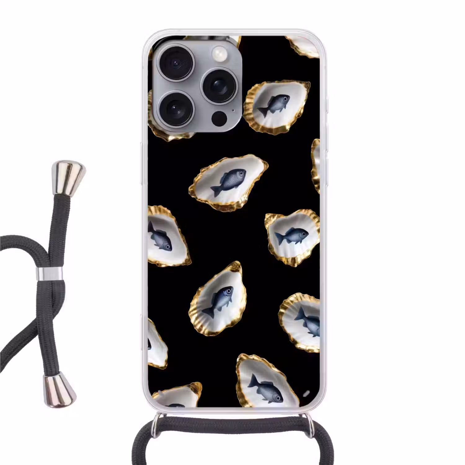 Oesters - Vissen - Blauw - Goud Hoesje iPhone 16 Pro Max met koord klein -3d