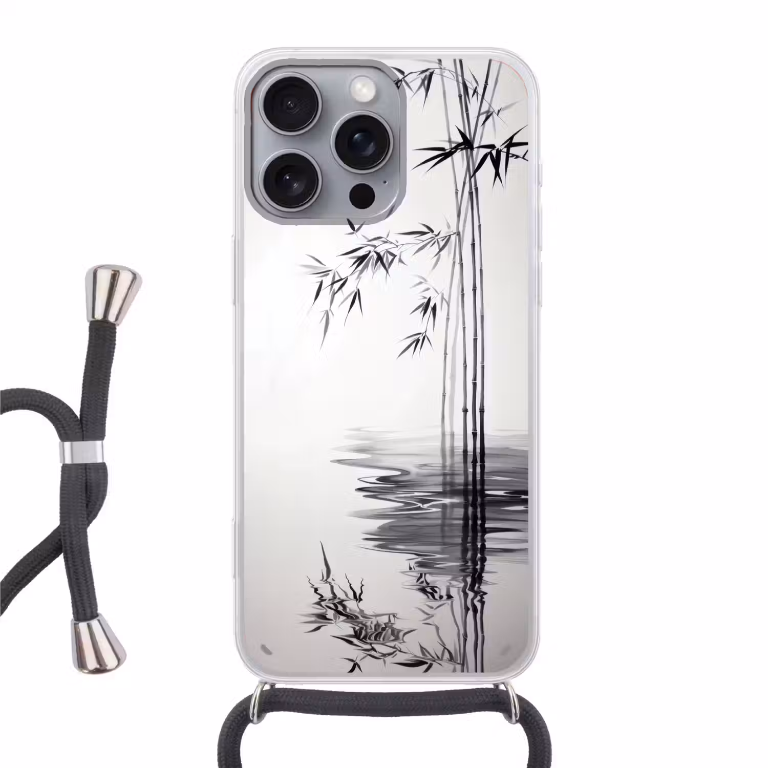 Bamboestammen - Water - Minimalistisch - Wit Hoesje iPhone 16 Pro Max met koord klein -3d