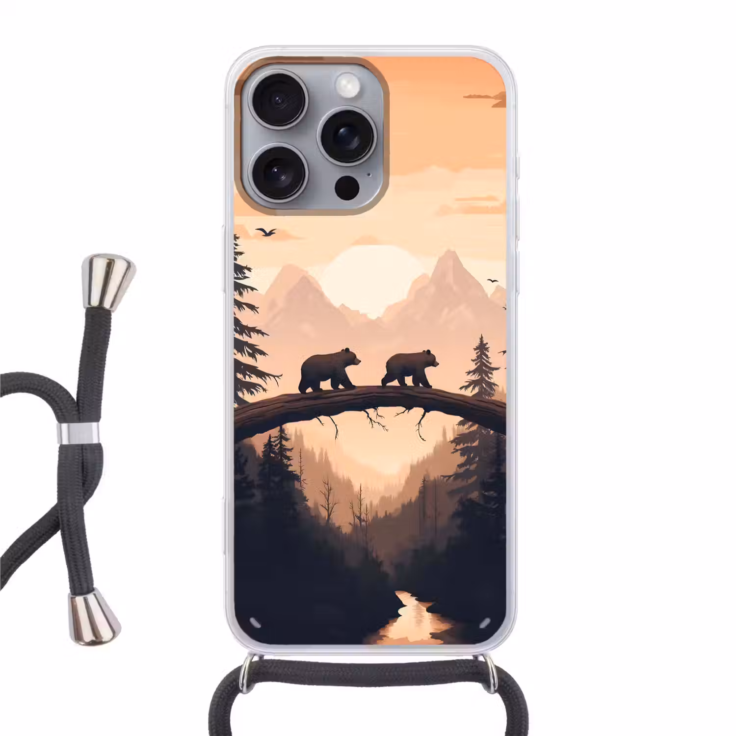 Beren - Bomen - Landschap - Zonsondergang Hoesje iPhone 16 Pro Max met koord klein -3d