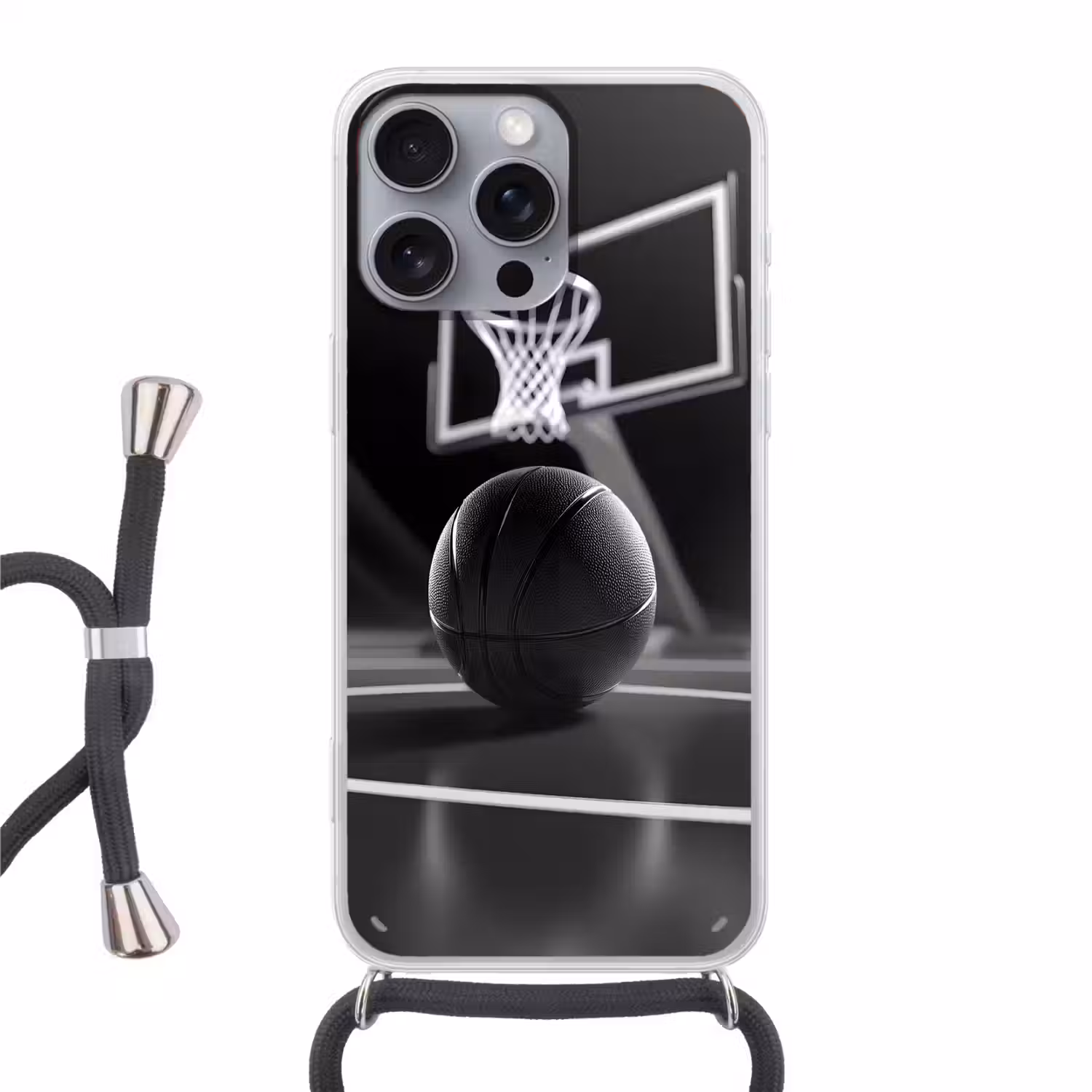 Basketbal - Basketbalveld - Lichtlijnen Hoesje iPhone 16 Pro Max met koord klein -3d