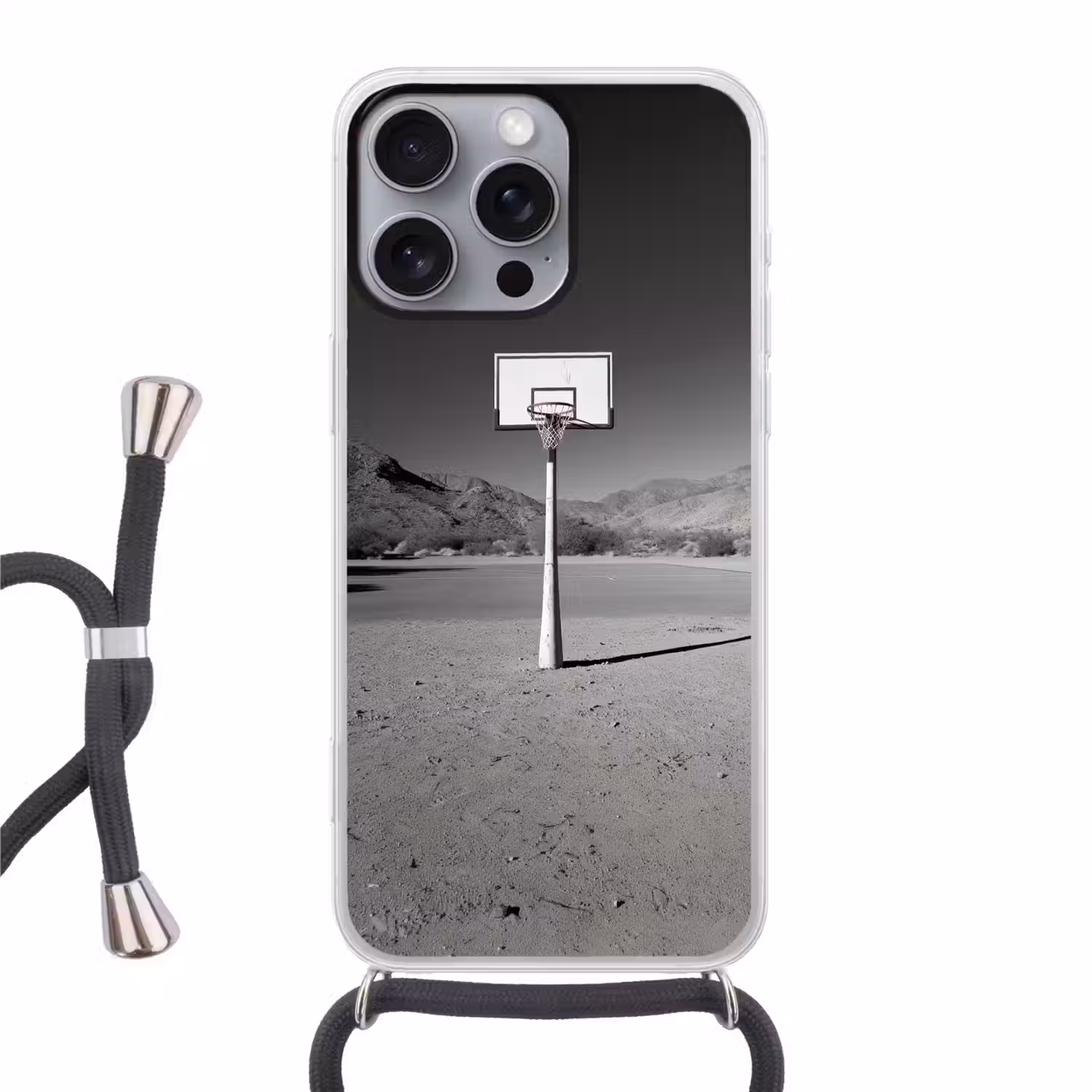 Basketbalpaal - Landschap - Zand - Wit Hoesje iPhone 16 Pro Max met koord klein -3d