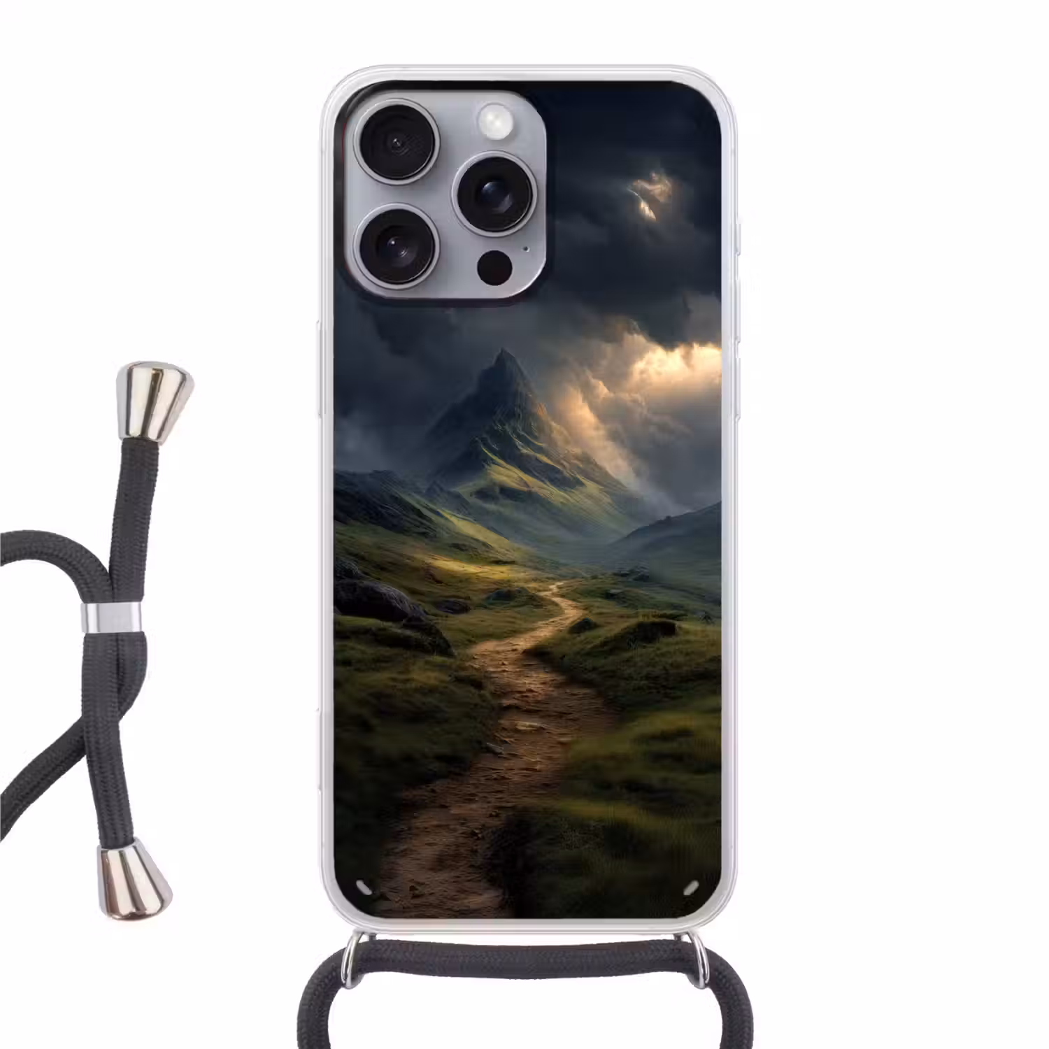Bergen - Kronkelpad - Groen - Wolken Hoesje iPhone 16 Pro Max met koord klein -3d