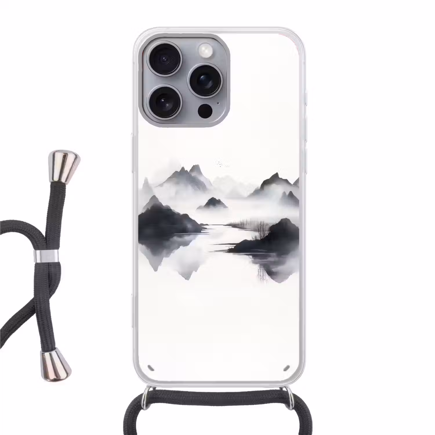 Bergen - Mistig - Water - Wit Hoesje iPhone 16 Pro Max met koord klein -3d