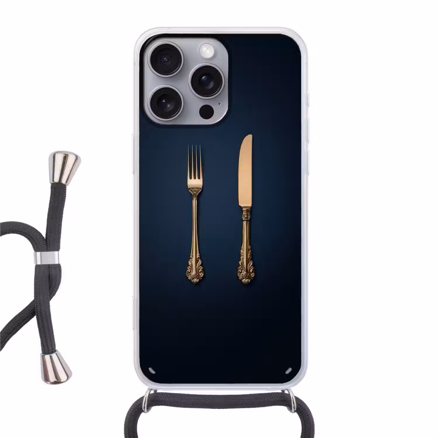 Bestek - Donkerblauw - Goud Hoesje iPhone 16 Pro Max met koord klein -3d