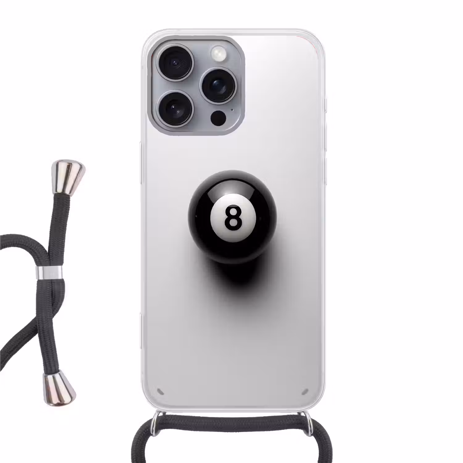 Biljartbal - Getal - Acht - Wit Hoesje iPhone 16 Pro Max met koord klein -3d