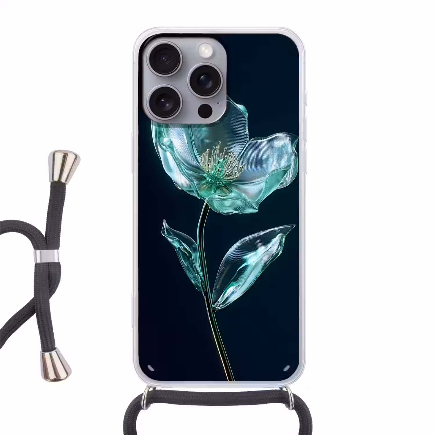 Bladeren - Bloem - Glazen - Donkerblauw Hoesje iPhone 16 Pro Max met koord klein -3d