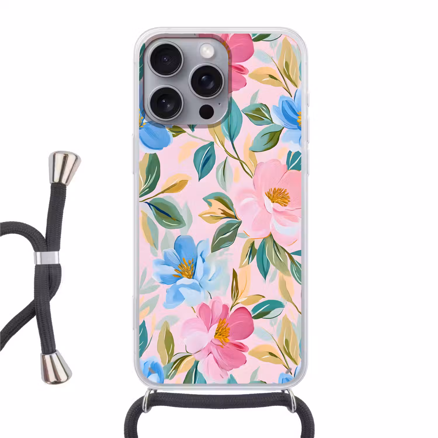 Blauw - Roze - Bloemen Hoesje iPhone 16 Pro Max met koord klein -3d