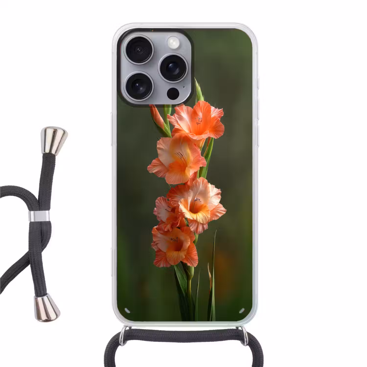 Bloem - Gladiolen - Zalmroze Hoesje iPhone 16 Pro Max met koord klein -3d