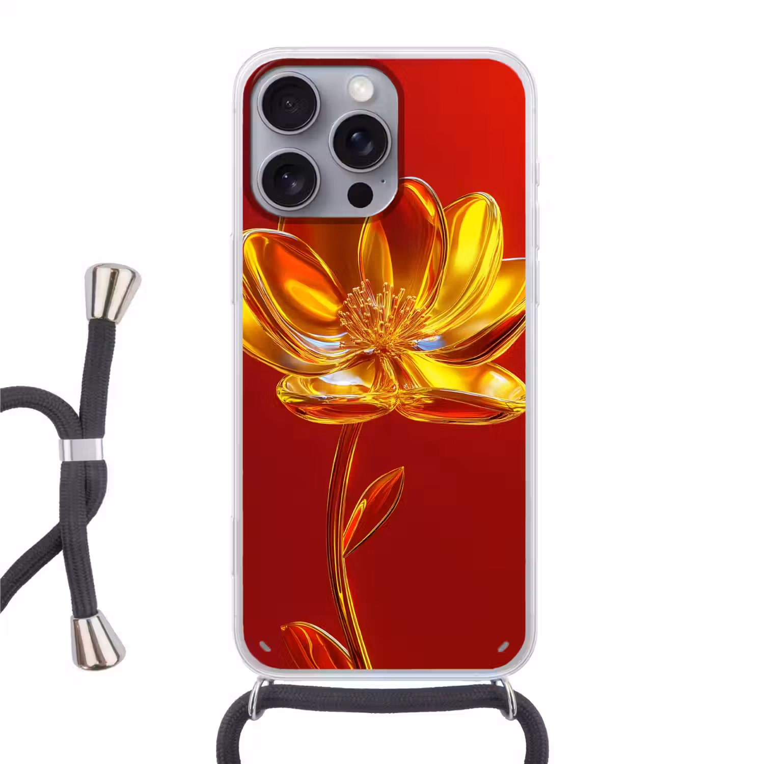 Bloem - Goud - Glazen Hoesje iPhone 16 Pro Max met koord klein -3d