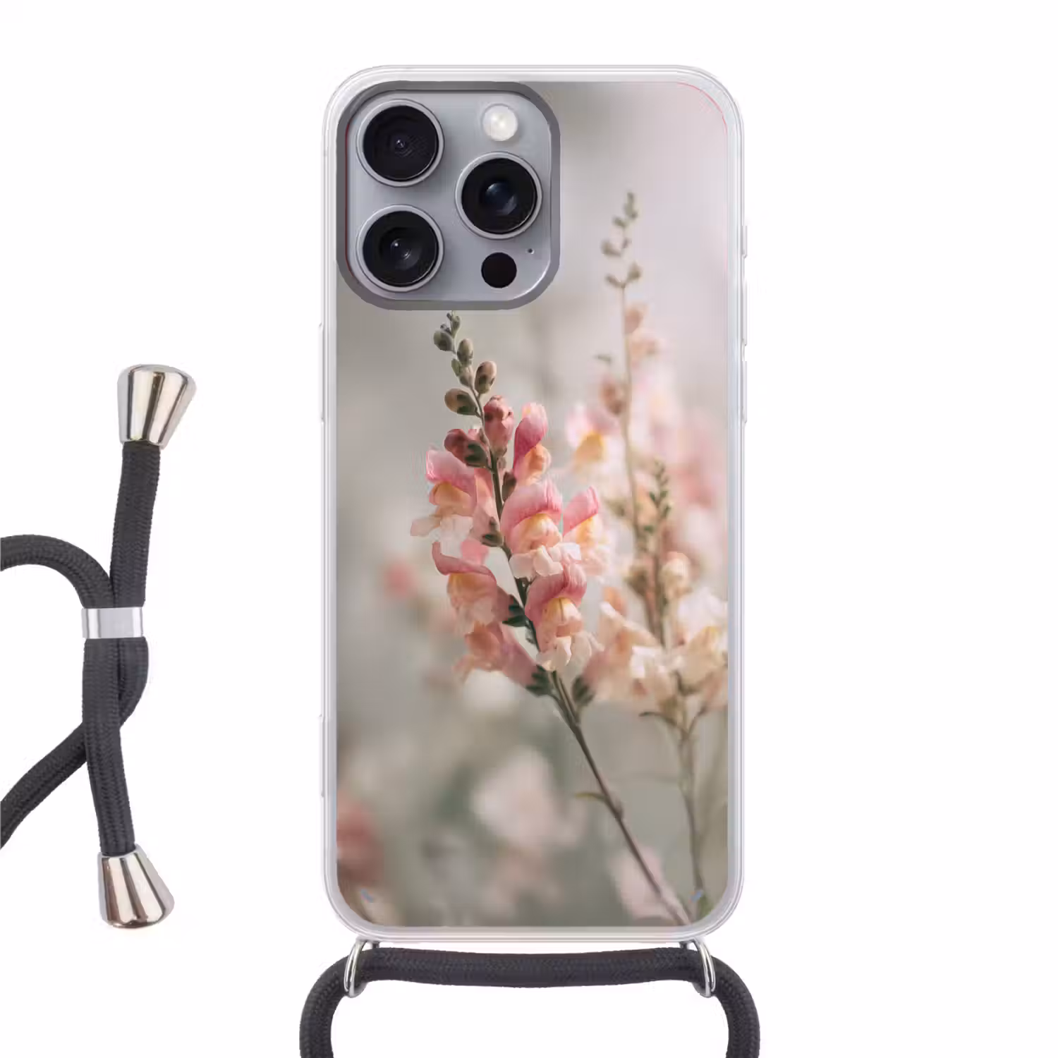 Bloem - Leeuwenbek - Roze - Stengel Hoesje iPhone 16 Pro Max met koord klein -3d