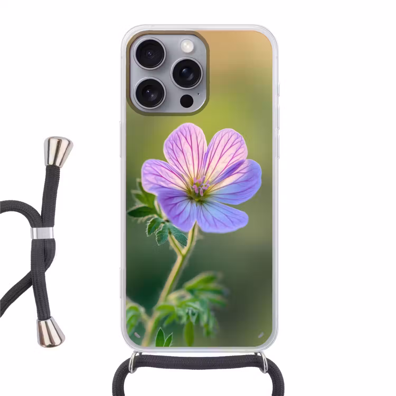 Bloem - Close up - Paars Hoesje iPhone 16 Pro Max met koord klein -3d