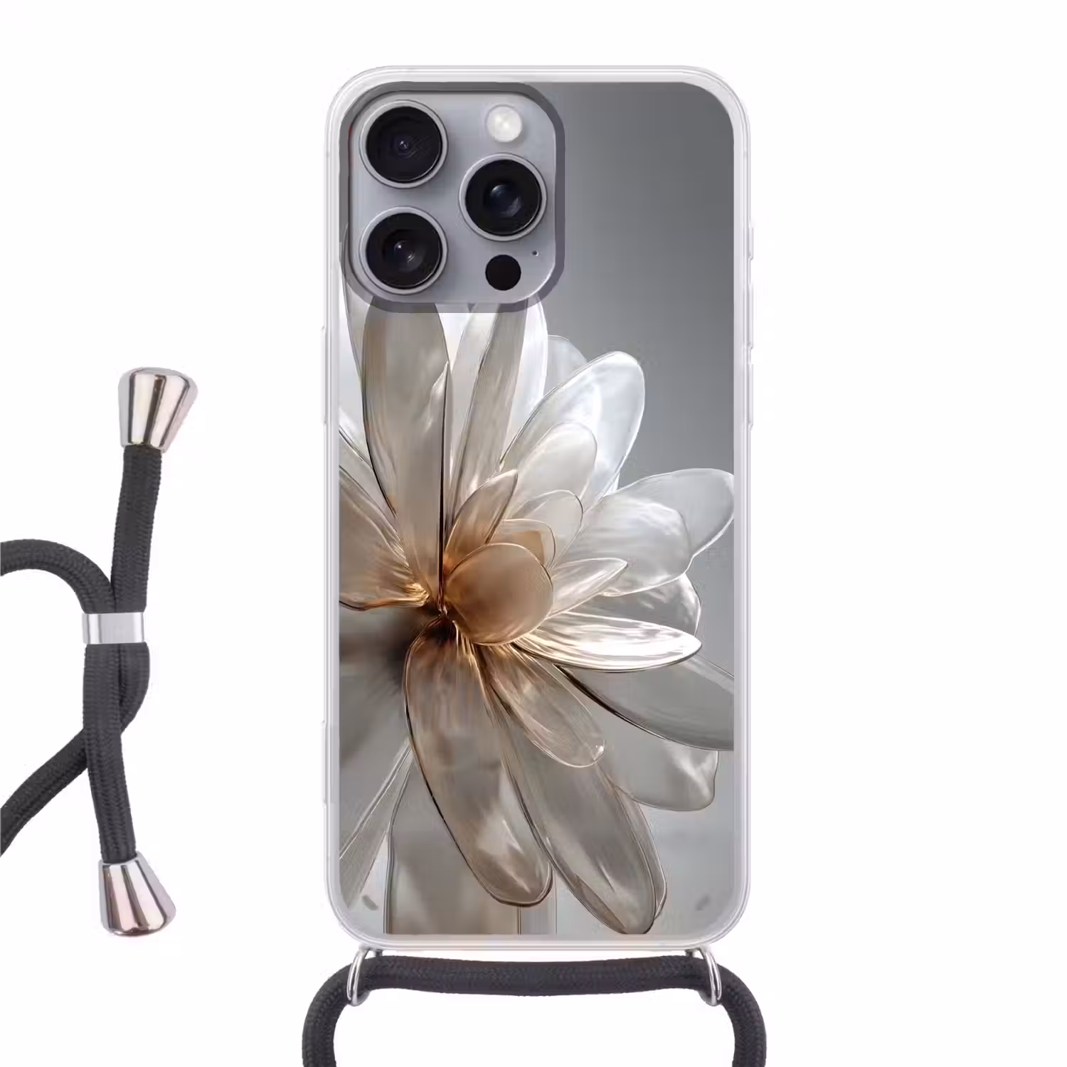 Bloem - Wit - Neutraal Hoesje iPhone 16 Pro Max met koord klein -3d