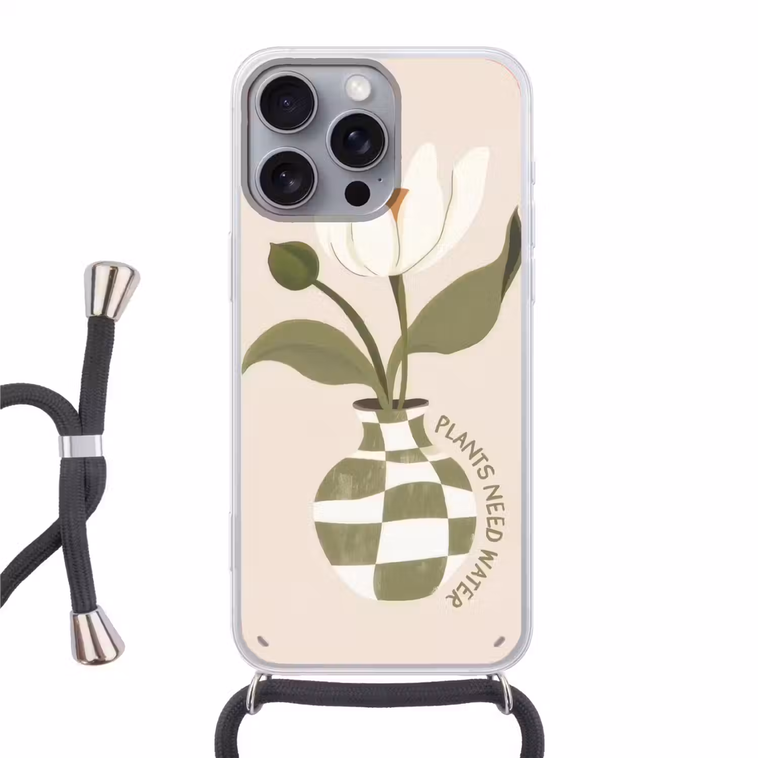Bloem - Wit - Vaas - Quote Hoesje iPhone 16 Pro Max met koord klein -3d