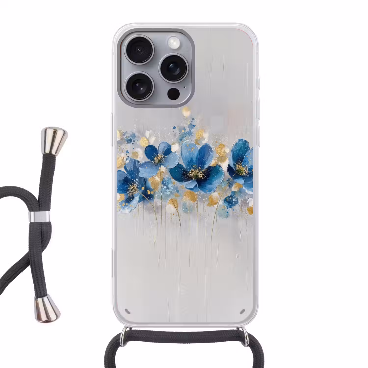 Bloemen - Blauw - Abstract Hoesje iPhone 16 Pro Max met koord klein -3d