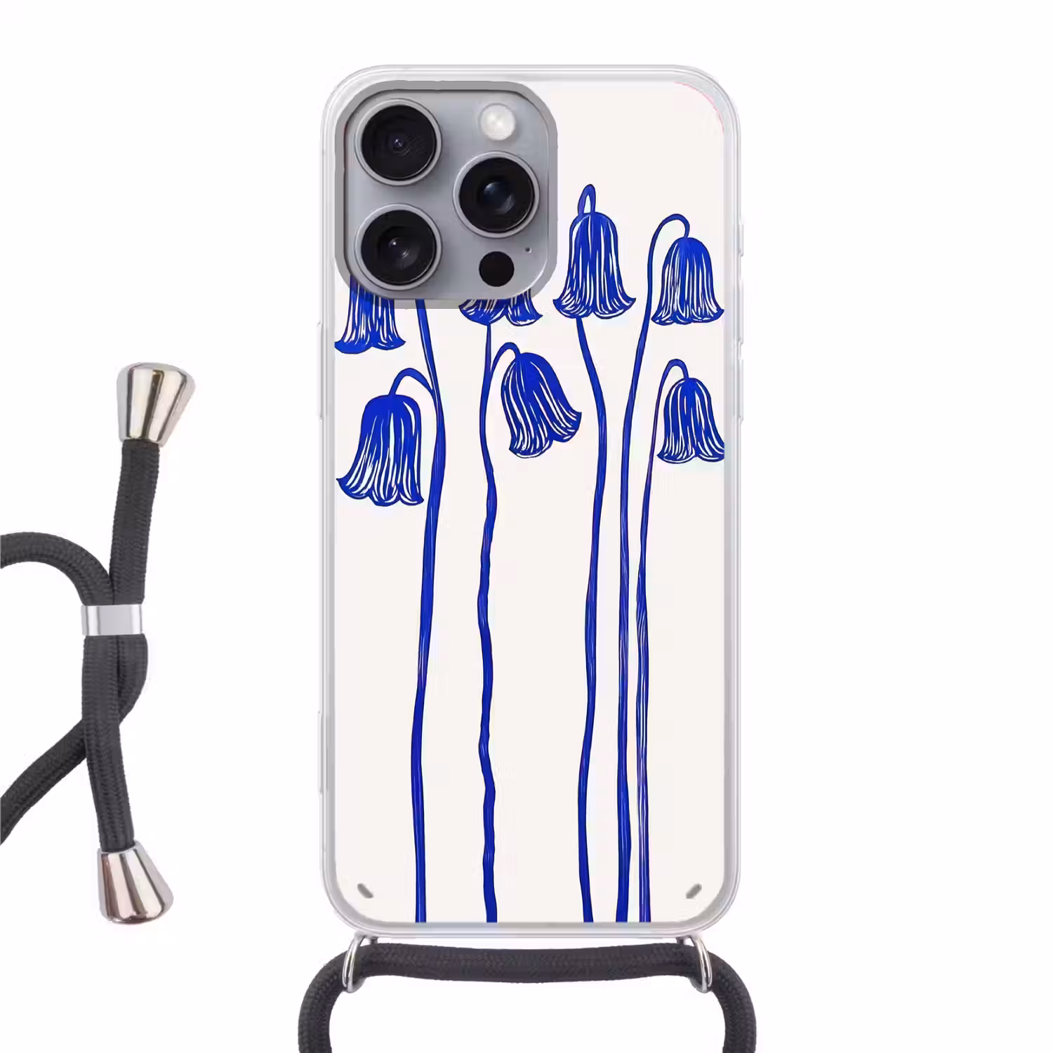 Bloemen - Blauw - Lijnen - Bloemblaadjes Hoesje iPhone 16 Pro Max met koord klein -3d