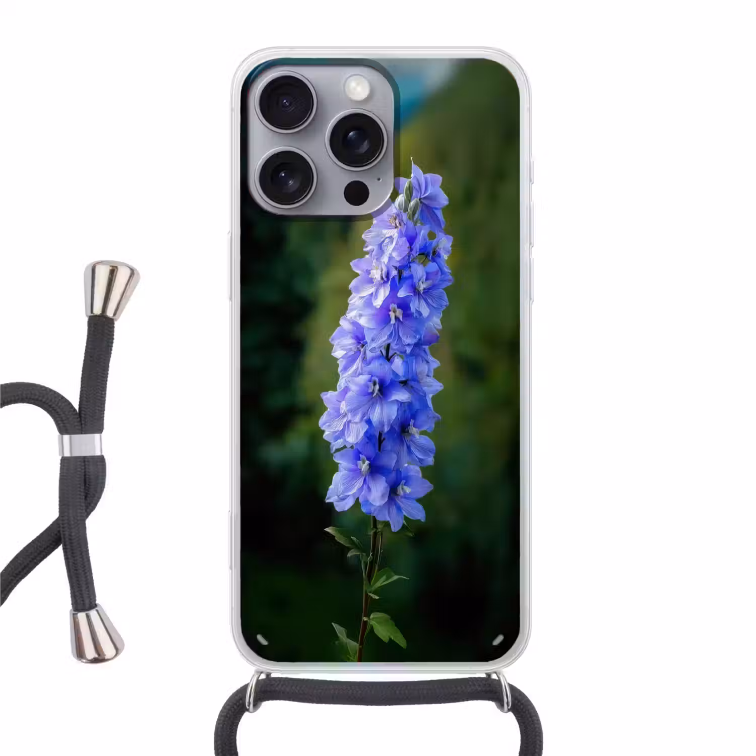 Bloemen - Blauw - Dennenboom Hoesje iPhone 16 Pro Max met koord klein -3d