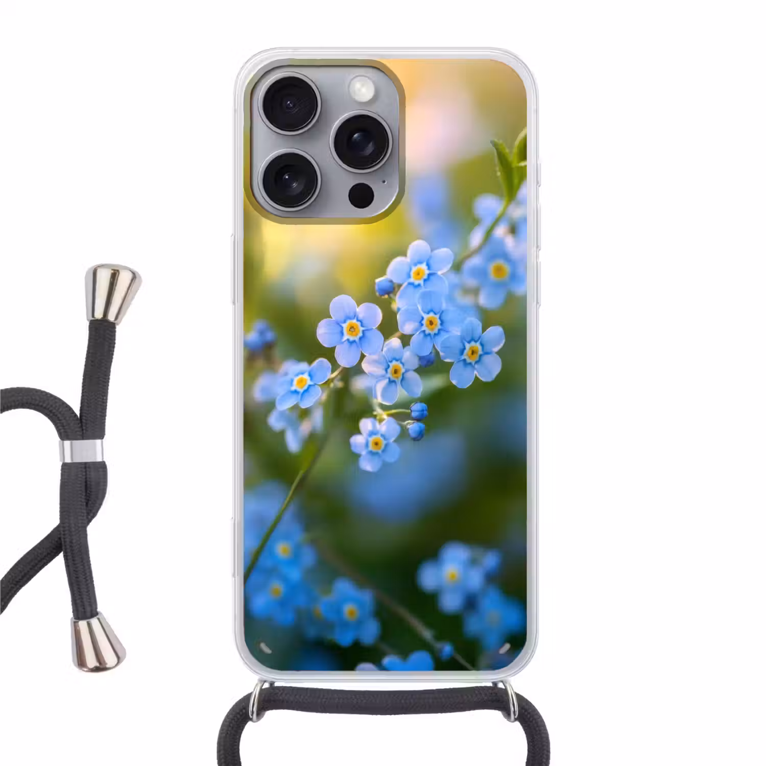 Bloemetjes - Blauw - Vergeet mij nietjes Hoesje iPhone 16 Pro Max met koord klein -3d