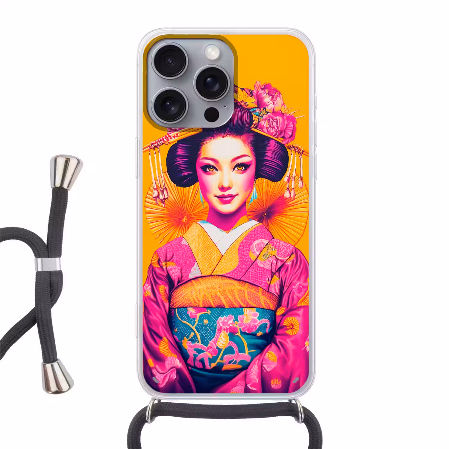 Bloemen - Vrouw - Kimono - Roze Hoesje iPhone 16 Pro Max met koord klein -3d