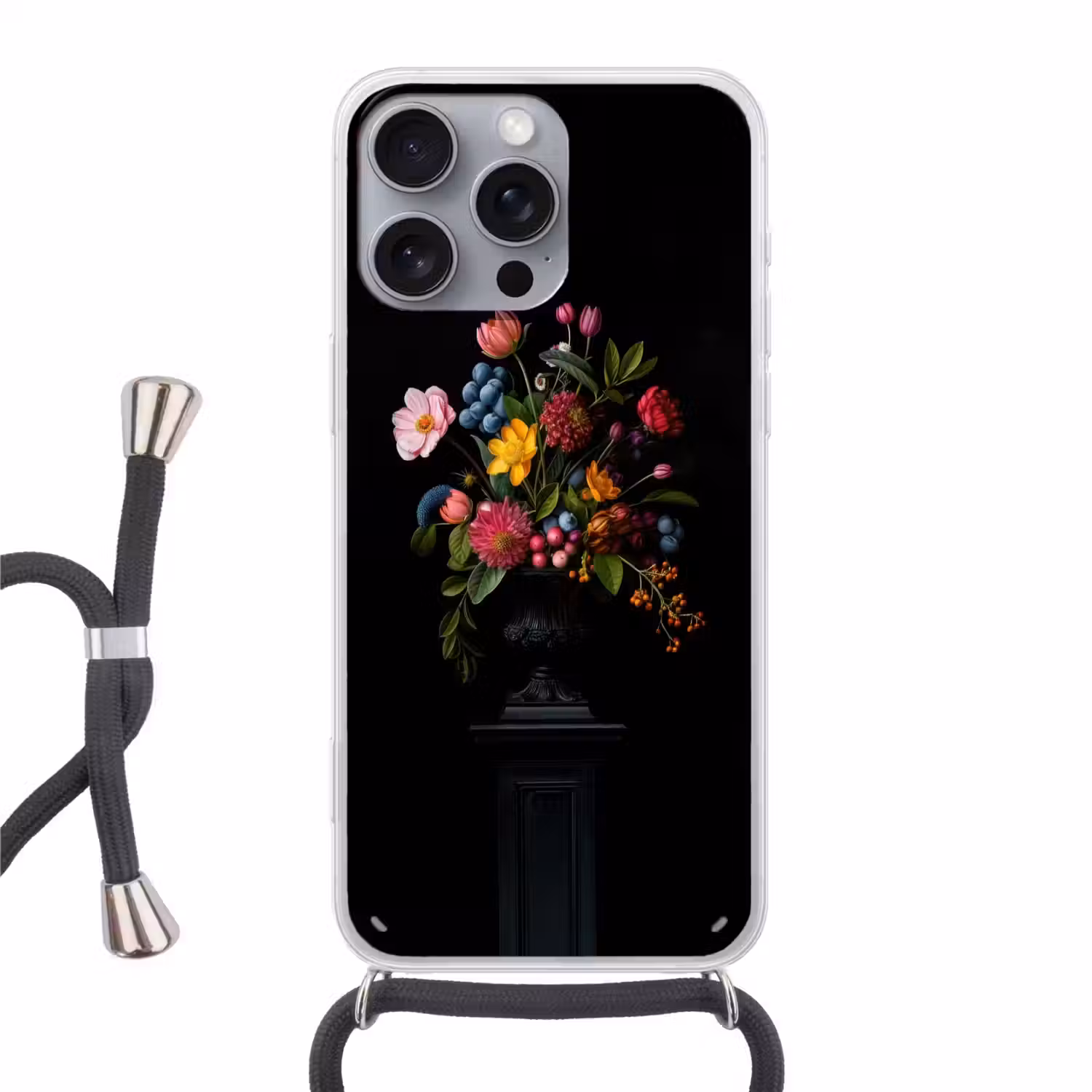 Bloemen - Vrolijk - Vaas Hoesje iPhone 16 Pro Max met koord klein -3d