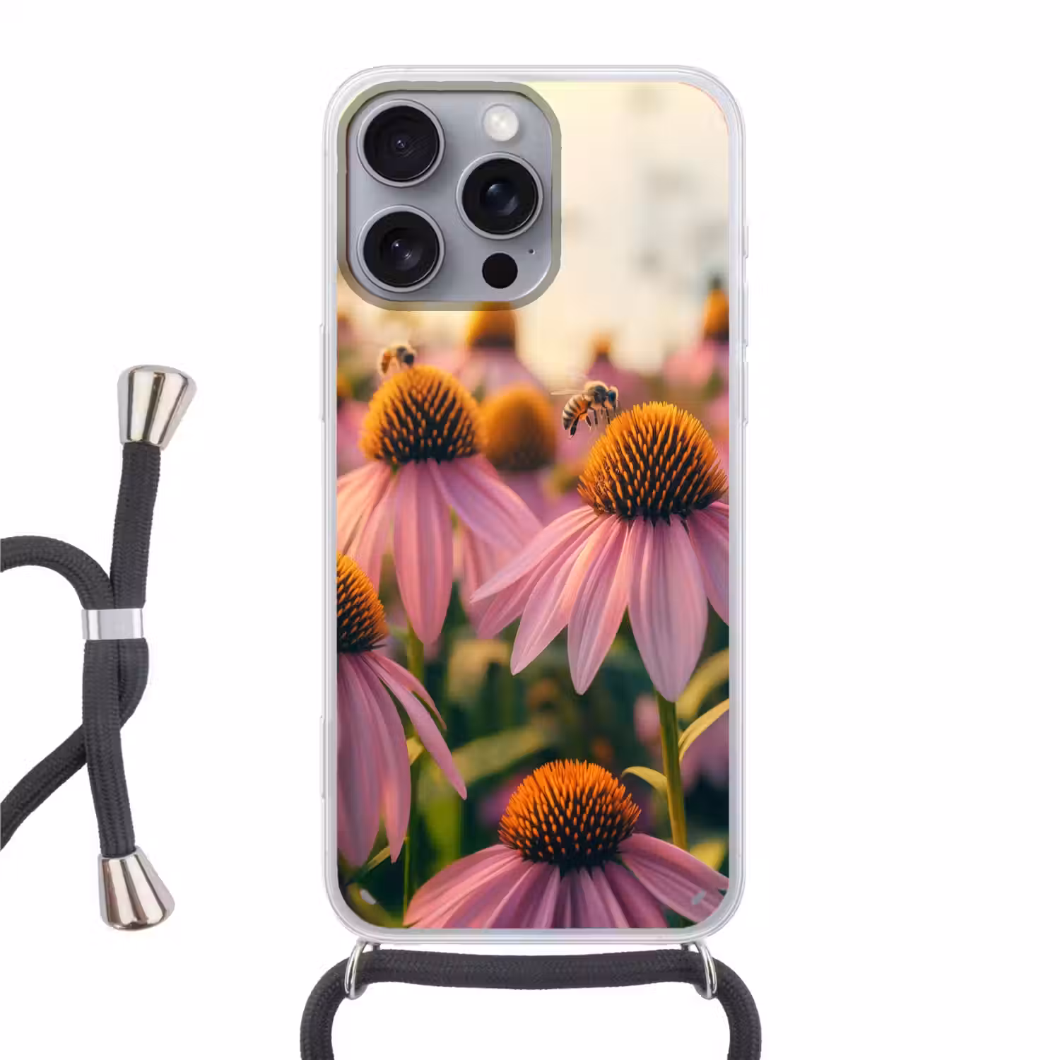 Bloemen - Paars - Bijen Hoesje iPhone 16 Pro Max met koord klein -3d