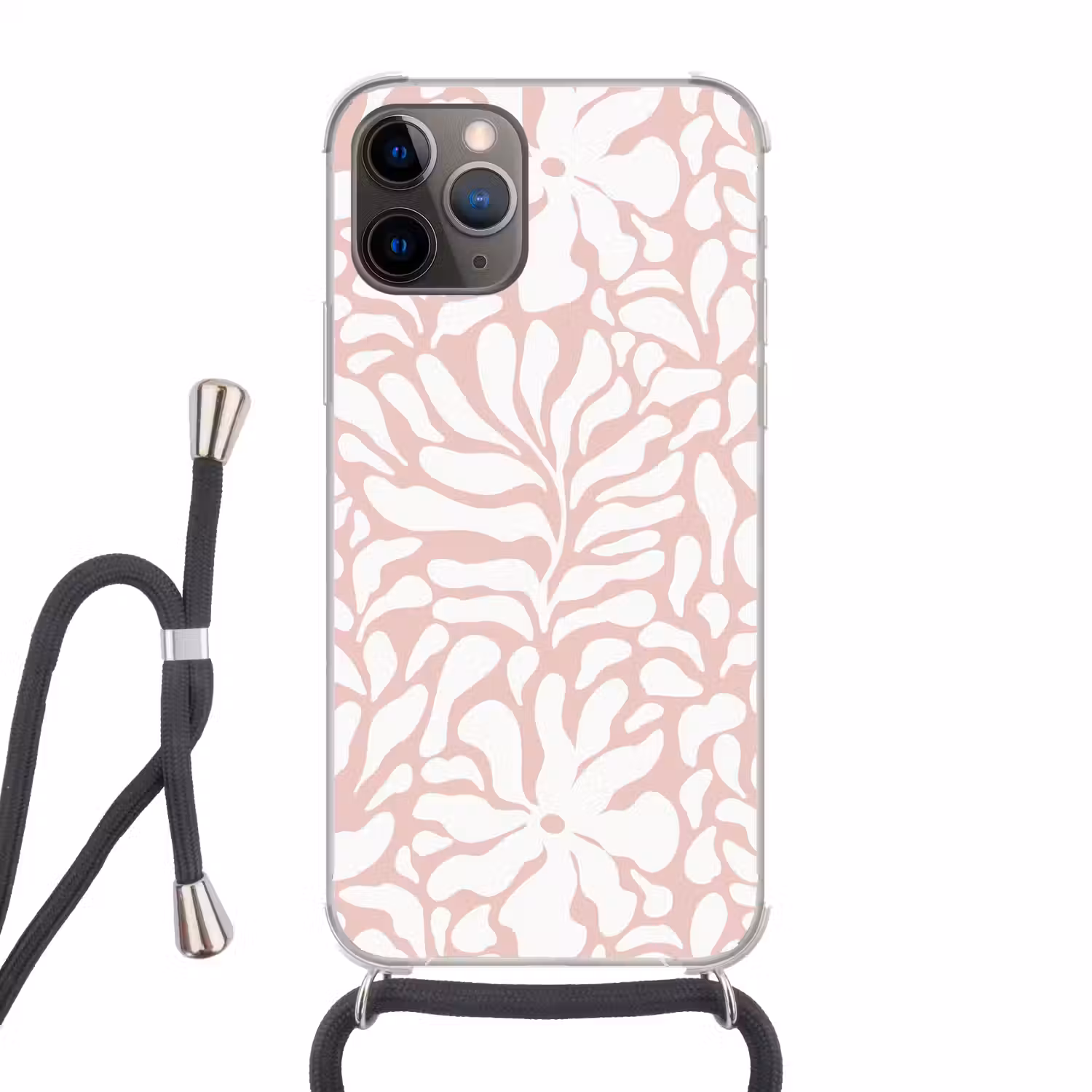 Bloemen - Patroon - Roze - Wit Hoesje iPhone 12 Pro met koord klein -3d