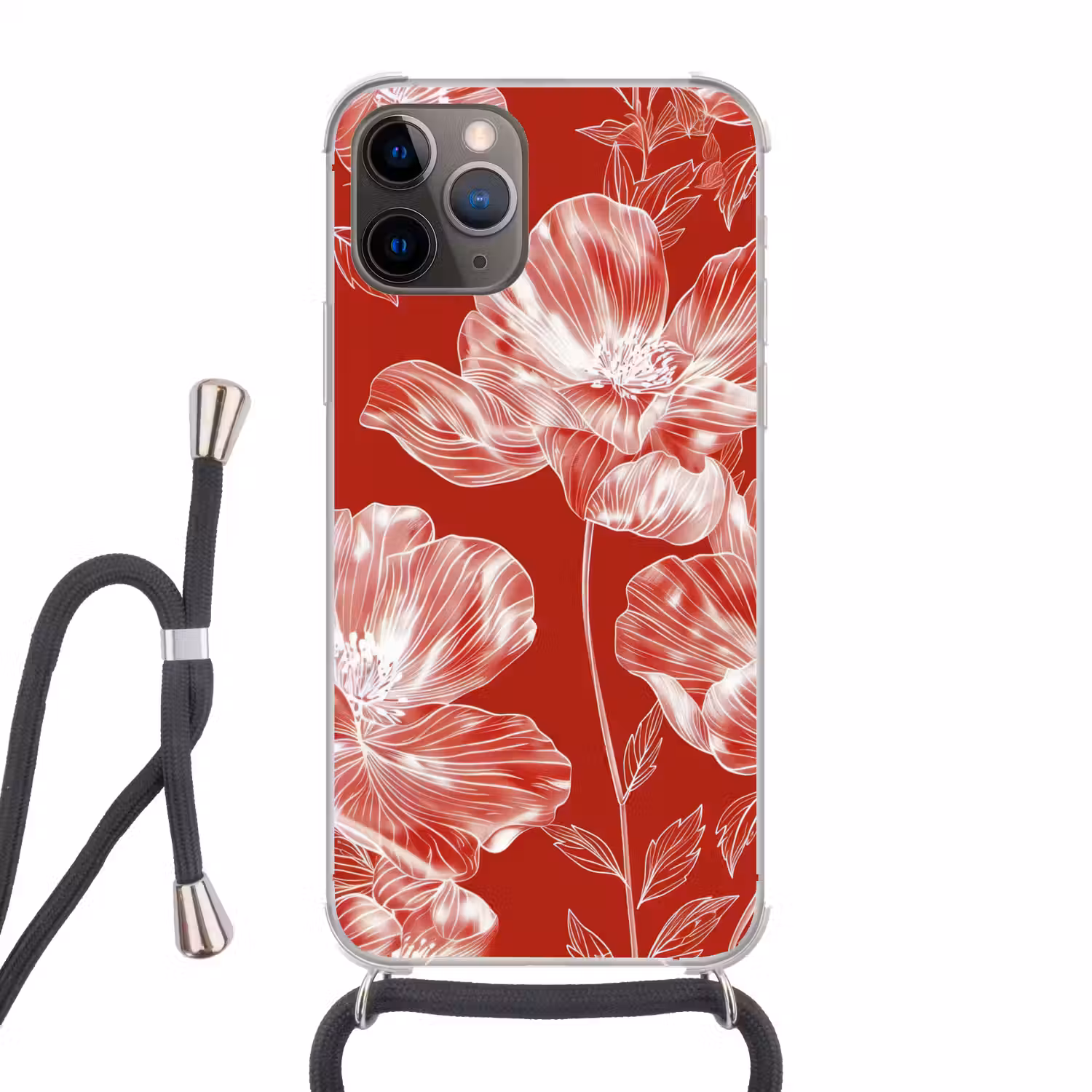 Bloemen - Patroon - Rood - Wit Hoesje iPhone 12 Pro met koord klein -3d