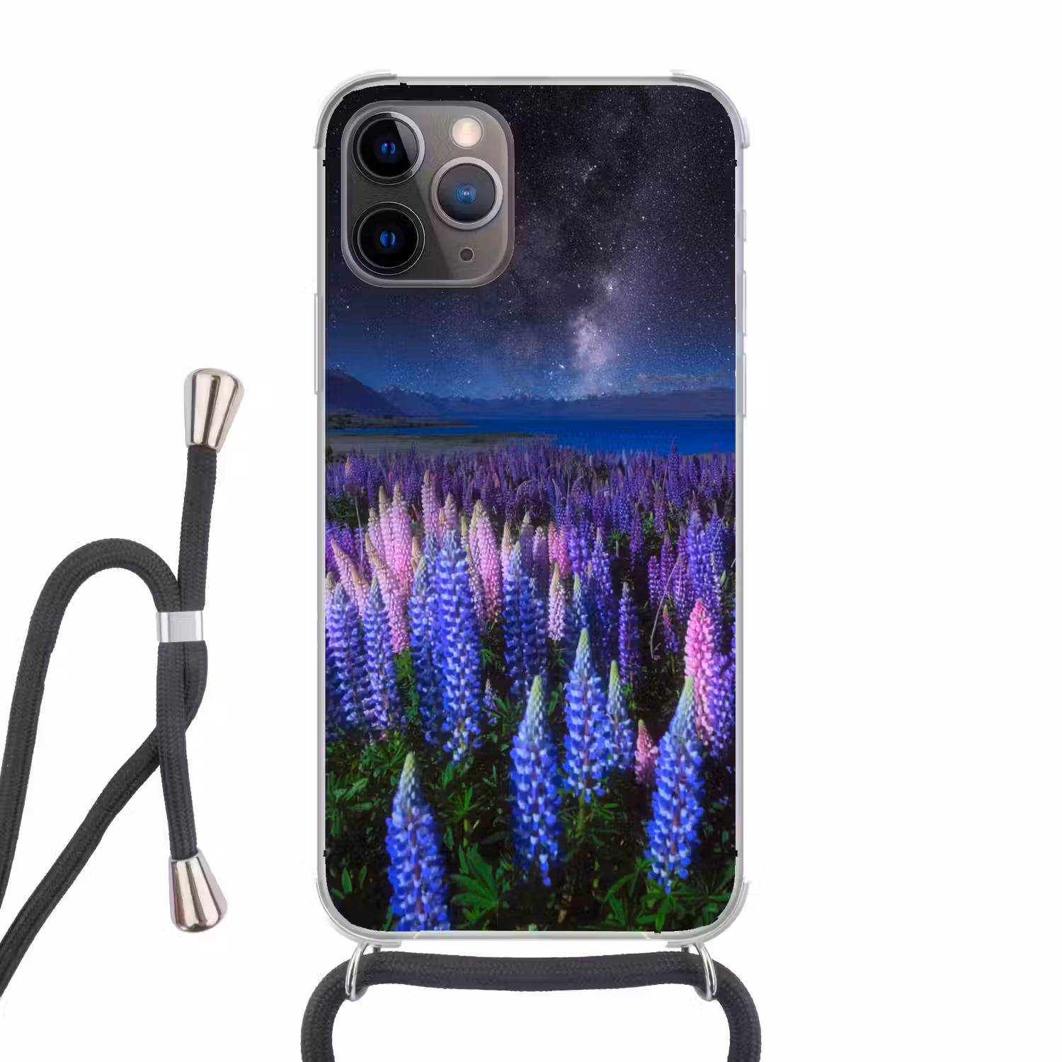 Bloemen - Nacht - Nieuw-Zeeland - Sterrenhemel - Paars - Natuur Hoesje iPhone 12 Pro met koord klein -3d