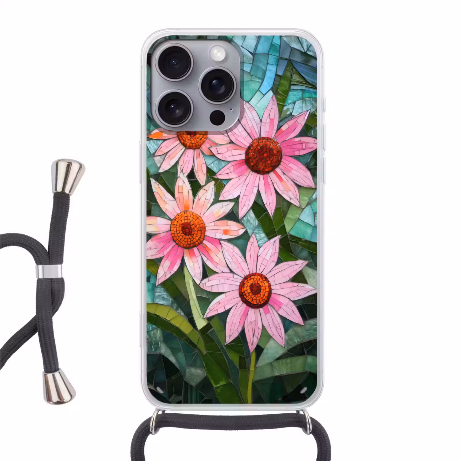 Bloemen - Roze - Glasmozaïek Hoesje iPhone 16 Pro Max met koord klein -3d