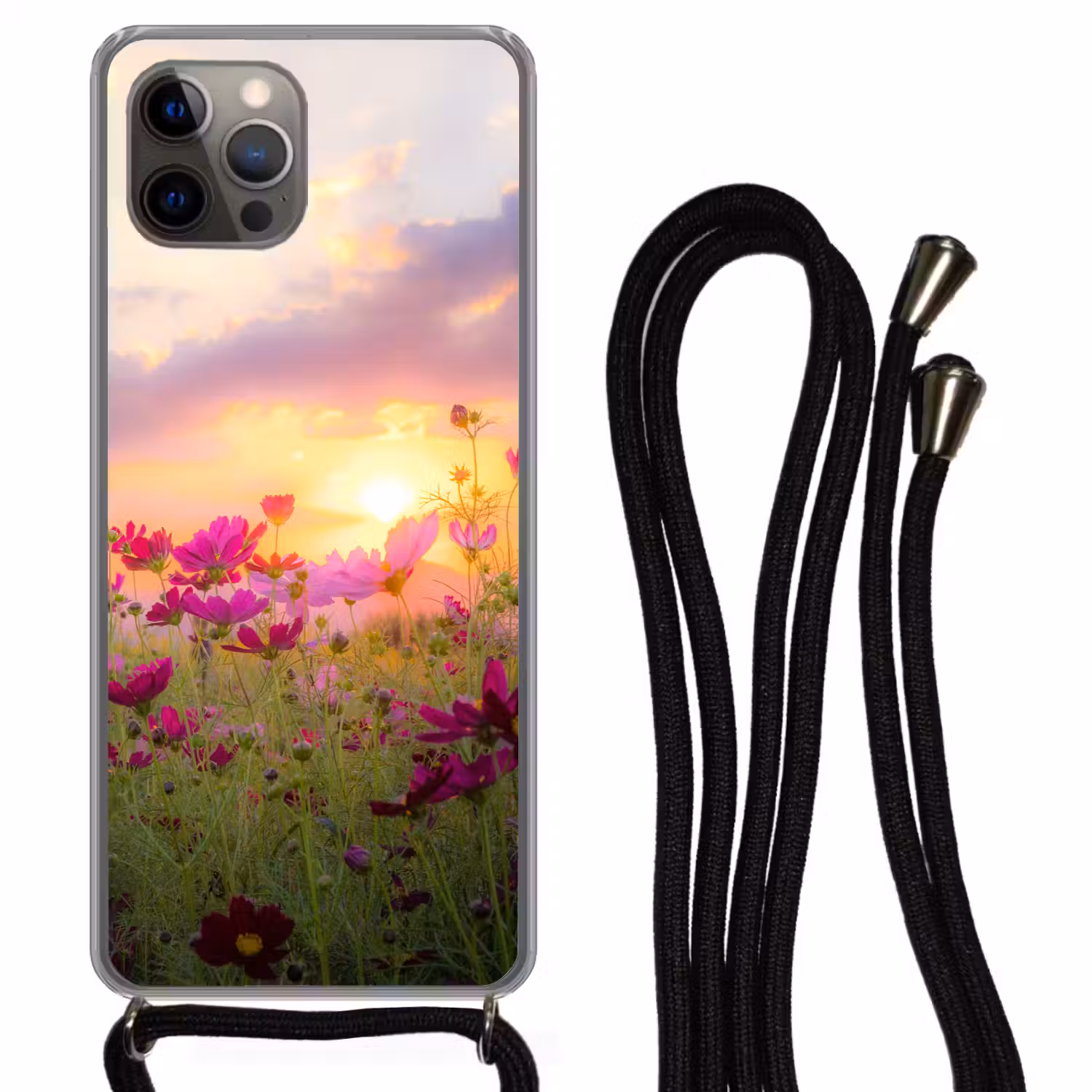 Bloemen - Roze - Zonsondergang Hoesje iPhone 12 Pro met koord klein -3d