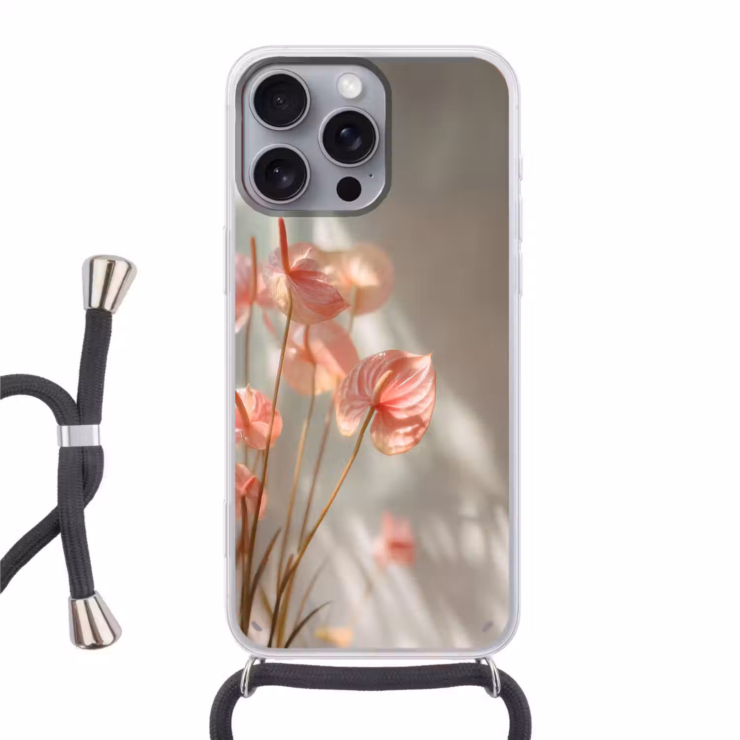 Bloemen - Stelen - Roze - Schaduw Hoesje iPhone 16 Pro Max met koord klein -3d