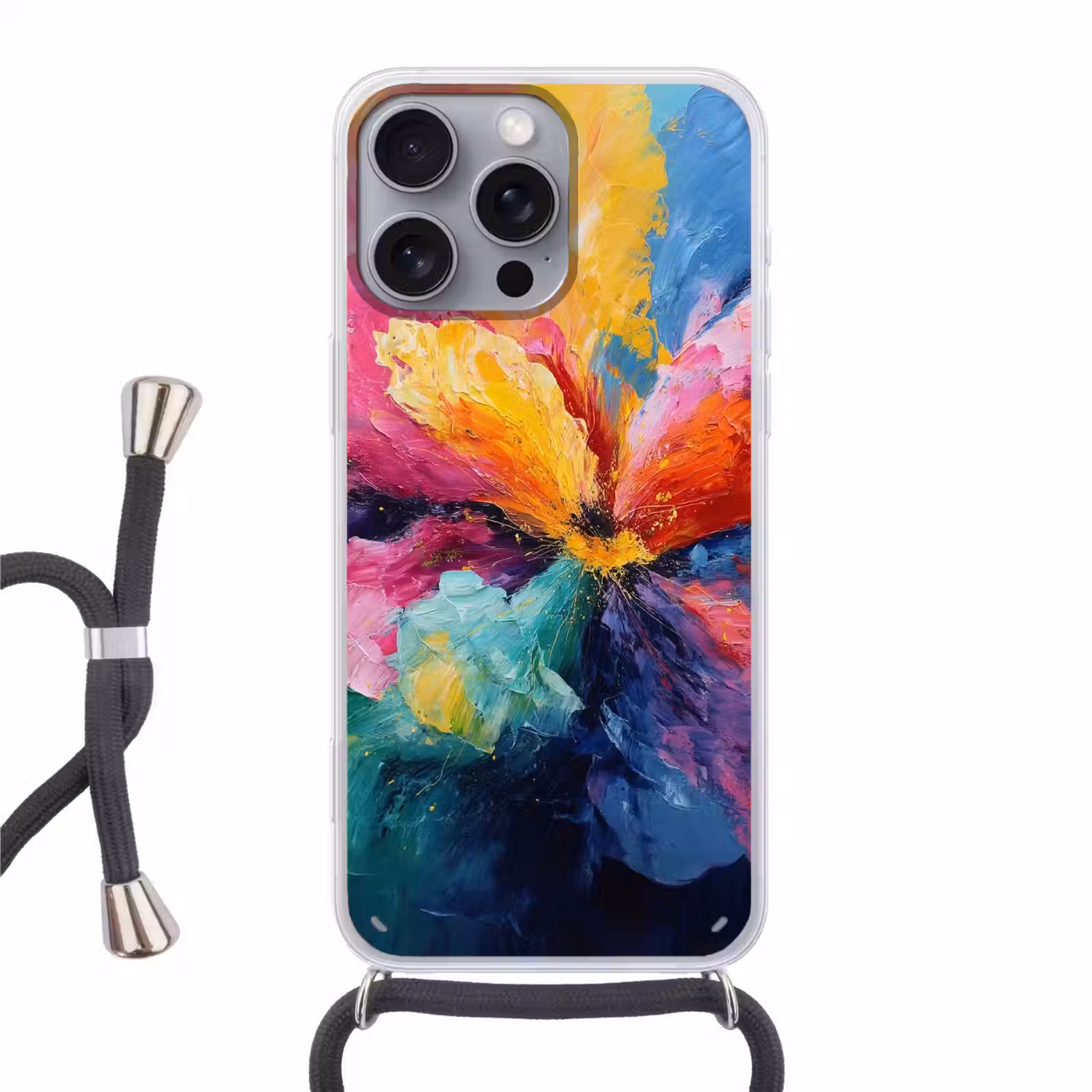 Bloemexplosie - Veelkleurig - Bewegend Hoesje iPhone 16 Pro Max met koord klein -3d