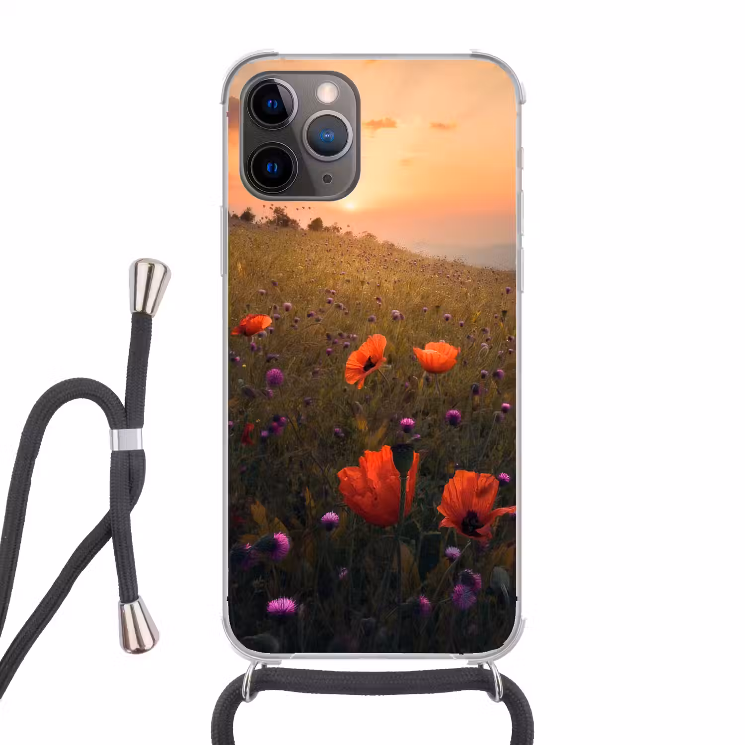 Bloemenveld - Gras - Bloemen - Planten - Zonsondergang - Oranje Hoesje iPhone 12 Pro met koord klein -3d