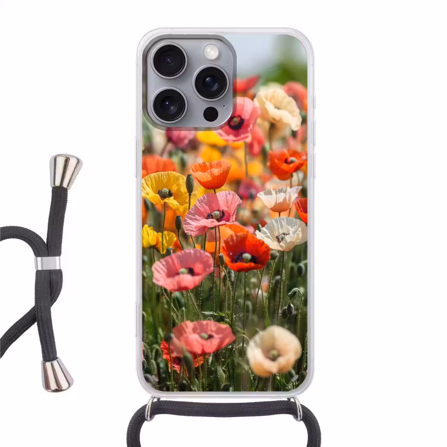 Bloemenveld - Klaprozen - Kleurrijk Hoesje iPhone 16 Pro Max met koord klein -3d