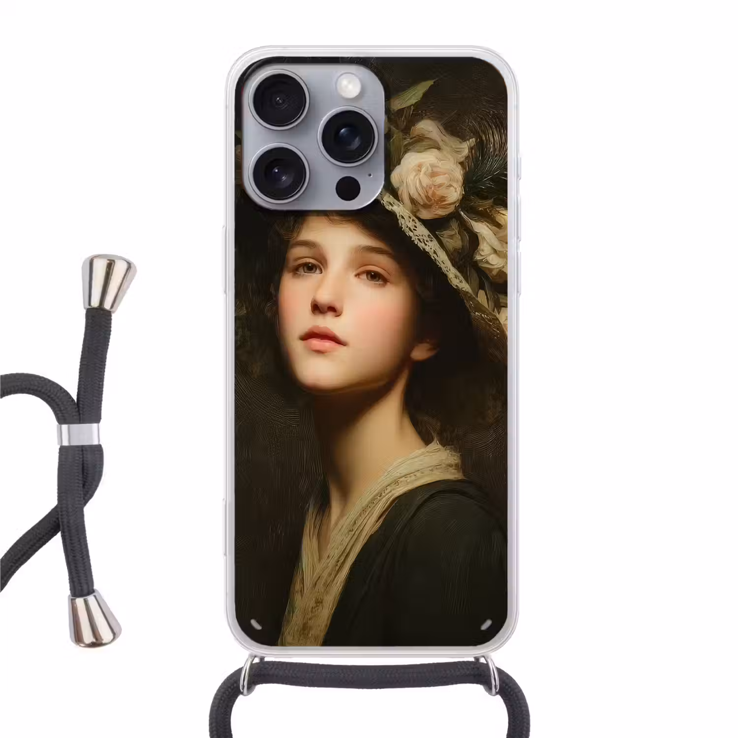 Bloemenhoed - Portret - Vrouw Hoesje iPhone 16 Pro Max met koord klein -3d
