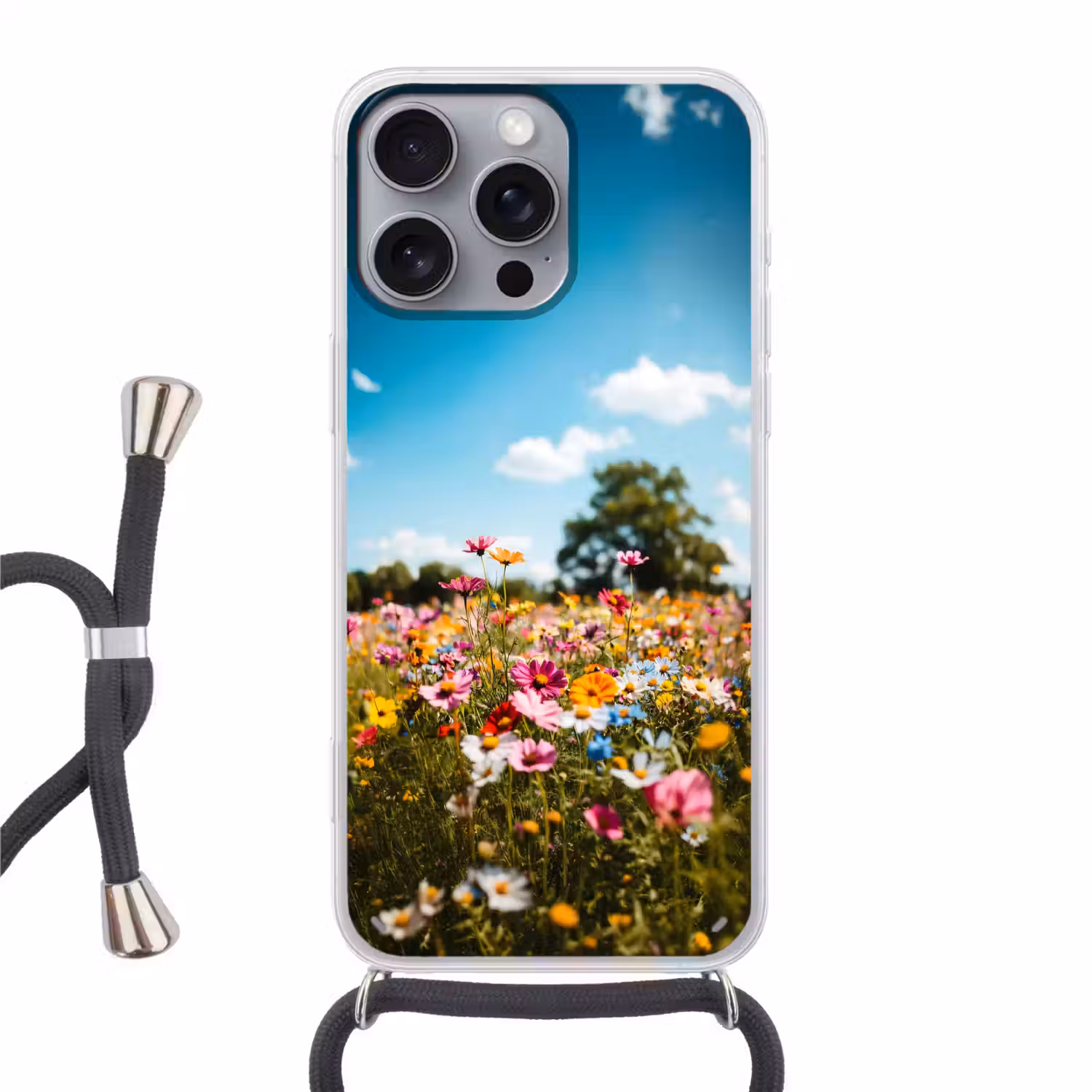 Bloemenweide - Blauw - Lucht - Kleuren Hoesje iPhone 16 Pro Max met koord klein -3d