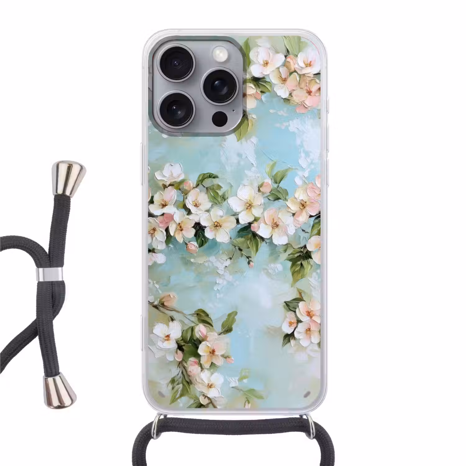 Bloesem - Bladeren - Lichtblauw Hoesje iPhone 16 Pro Max met koord klein -3d