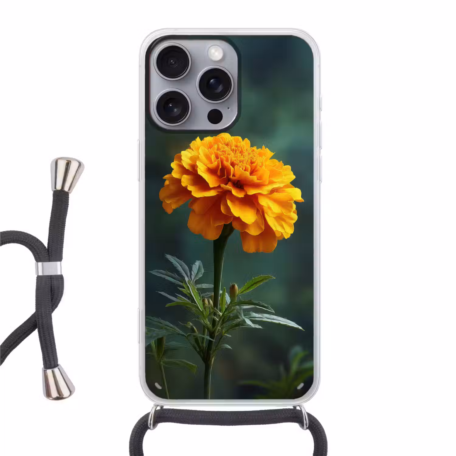 Bloemblaadjes - Afrikaan - Oranje - Wazig Hoesje iPhone 16 Pro Max met koord klein -3d