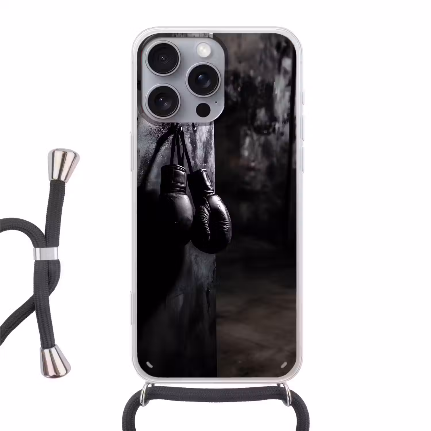 Bokshandschoenen - Muur - Duister - Zwart Hoesje iPhone 16 Pro Max met koord klein -3d