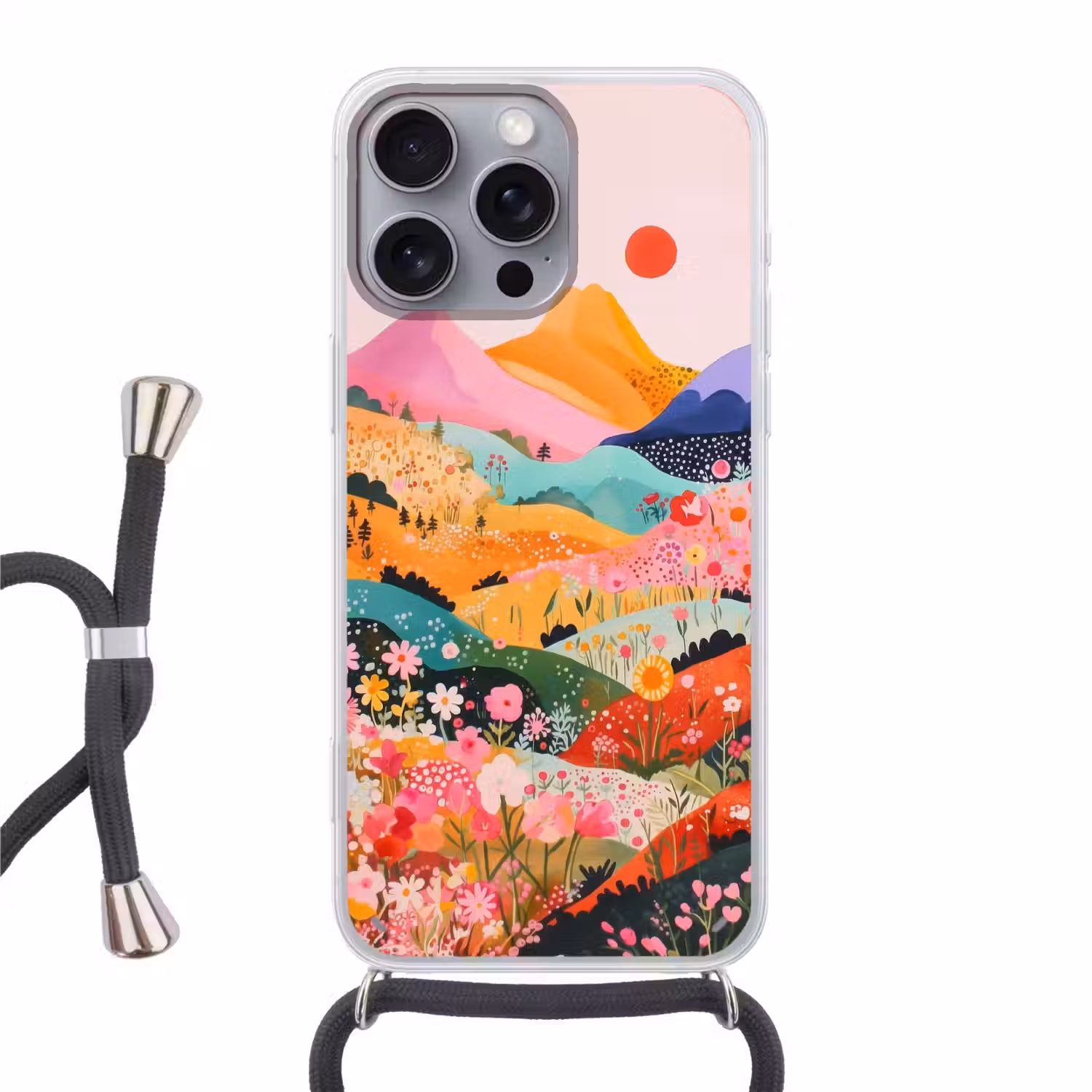 Kleurrijke bloemen - Bergen - Fantasielandschap Hoesje iPhone 16 Pro Max met koord klein -3d