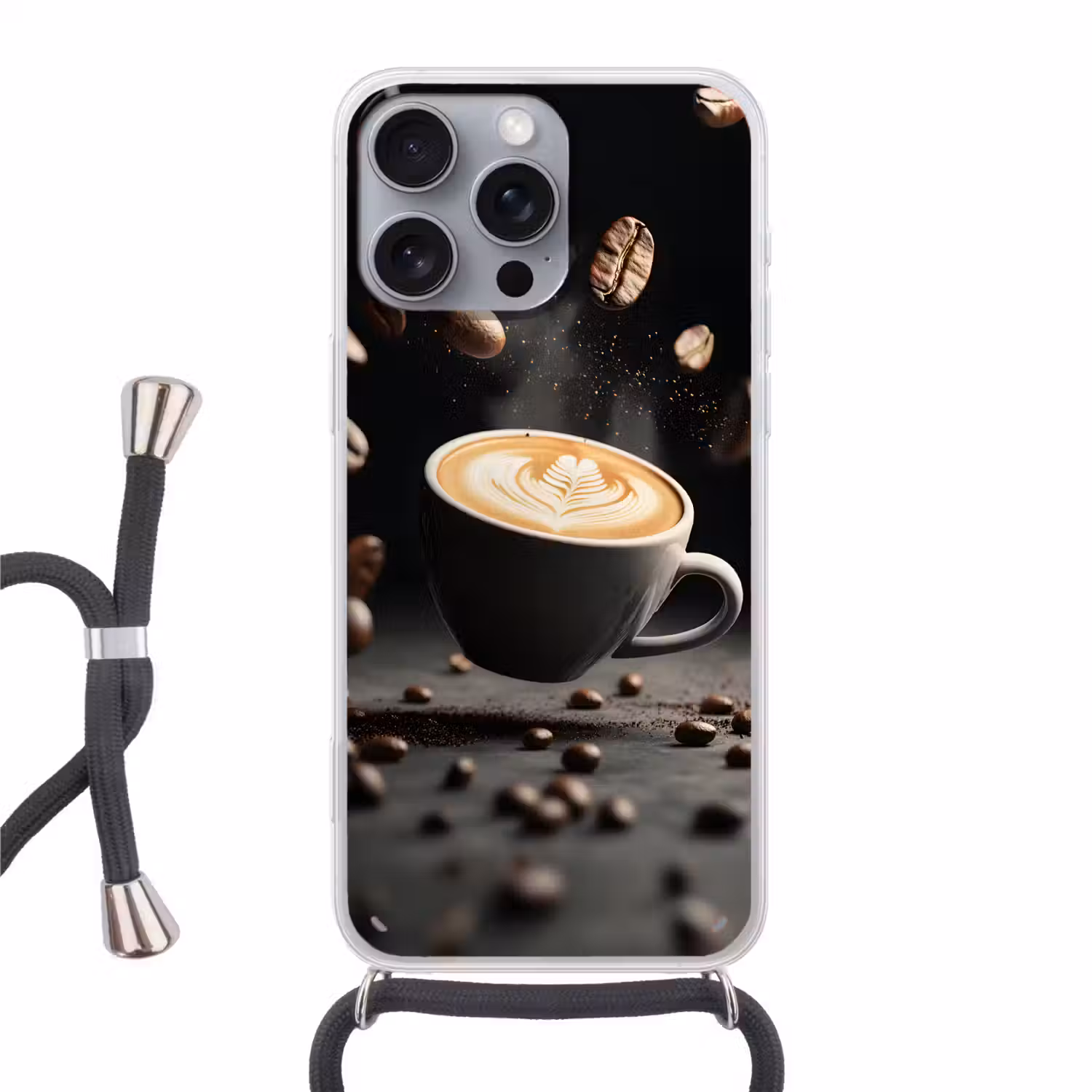 Cappuccino - Kop - Bonen - Bruin Hoesje iPhone 16 Pro Max met koord klein -3d