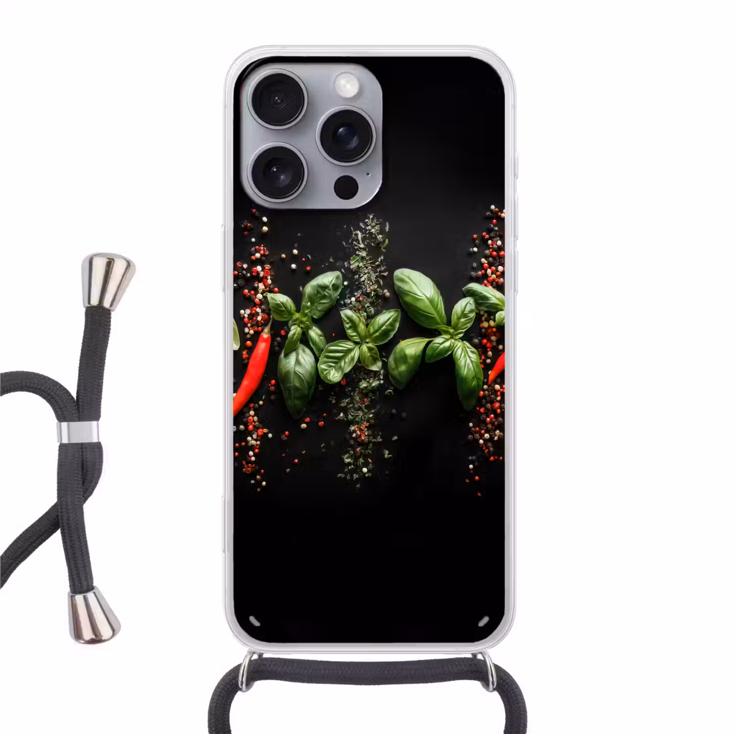 Chilipepers - Basilicum - Blaadjes - Rood Hoesje iPhone 16 Pro Max met koord klein -3d