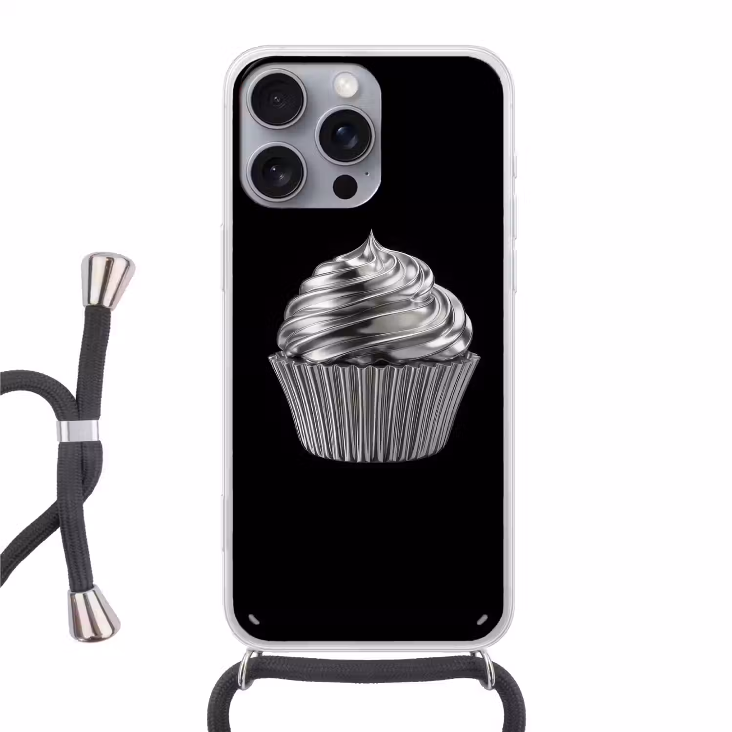 Cupcake - Luxueus - Zilver Hoesje iPhone 16 Pro Max met koord klein -3d