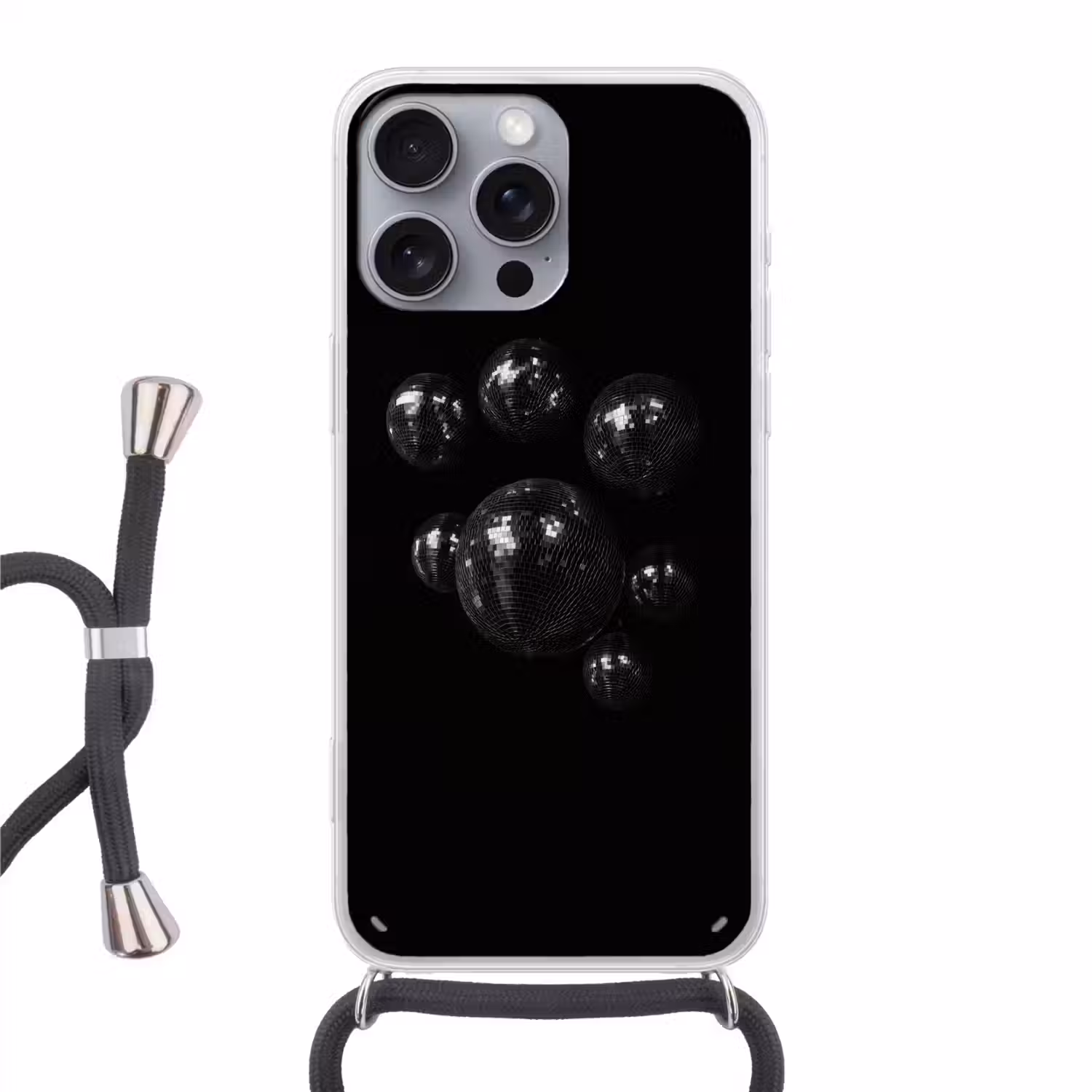 Discoballen - Minimalistisch - Zwart Hoesje iPhone 16 Pro Max met koord klein -3d
