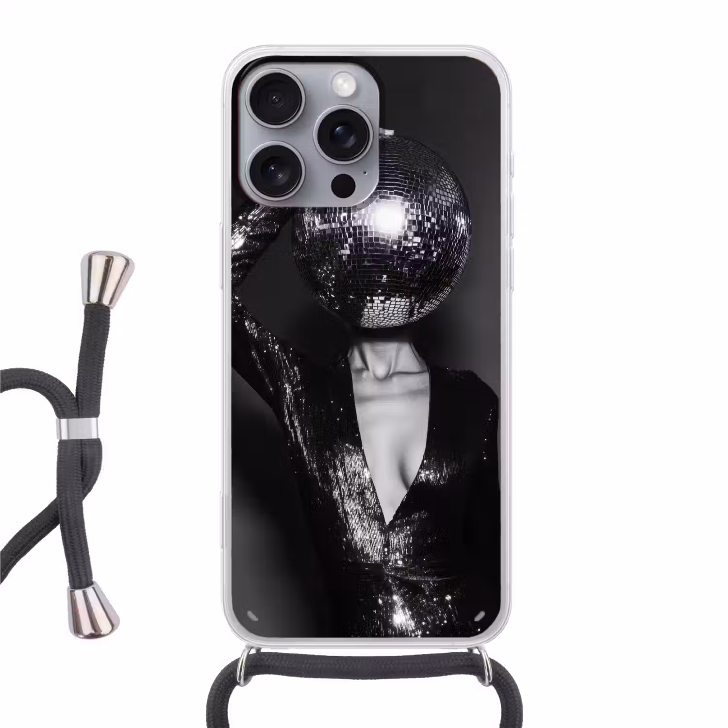 Discobal - Gezicht - Glamour - Zwart Hoesje iPhone 16 Pro Max met koord klein -3d